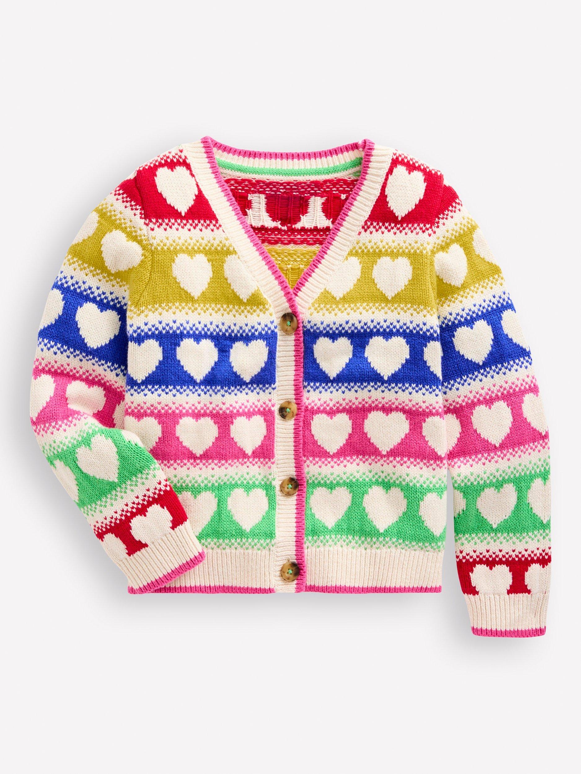 Mini Boden Kids Fun V Neck Cardigan Rainbow Hearts