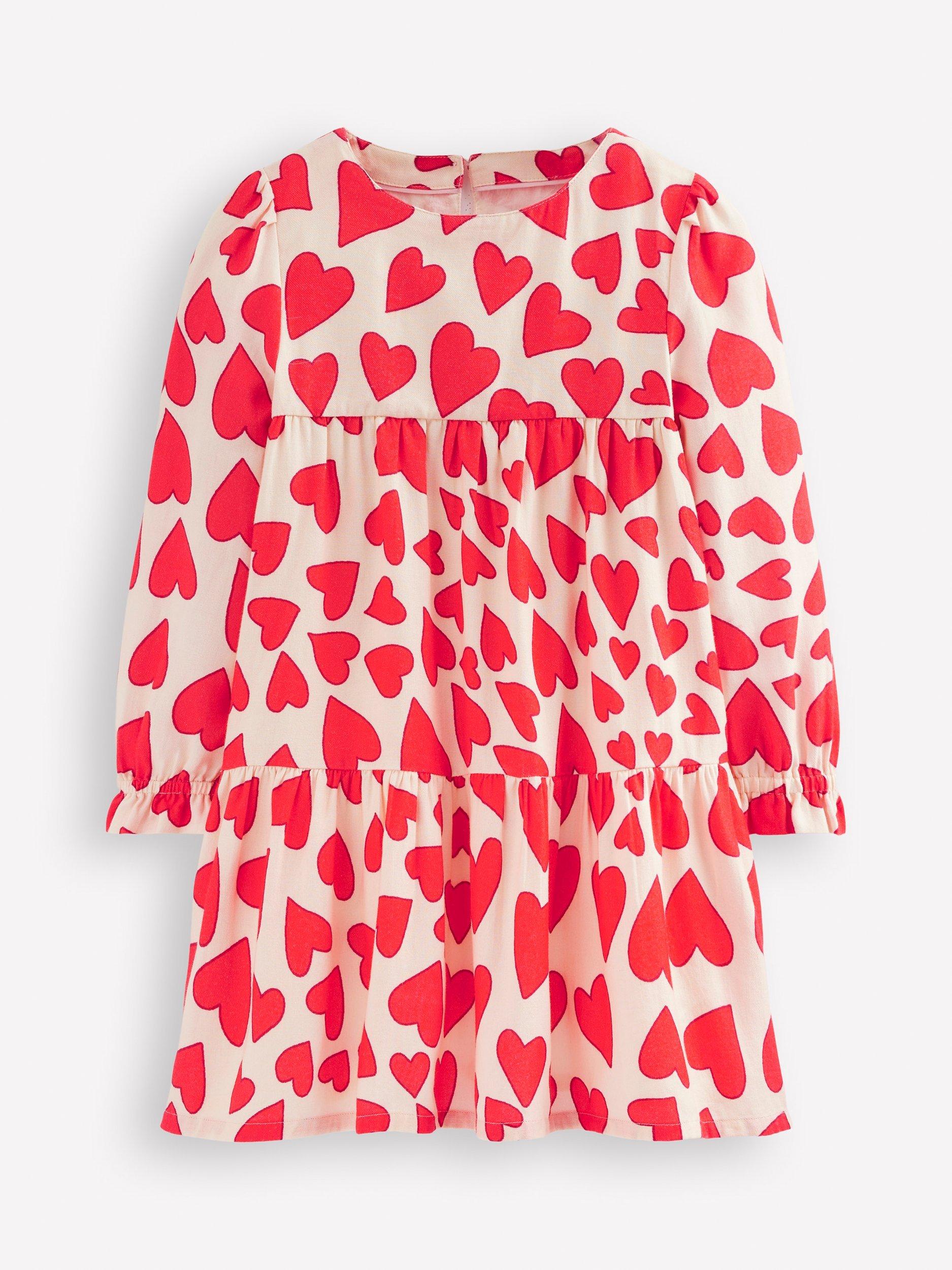 Mini Boden Kids' Betsy Cotton Tiered Twirly Dress, Poppy Red Hearts