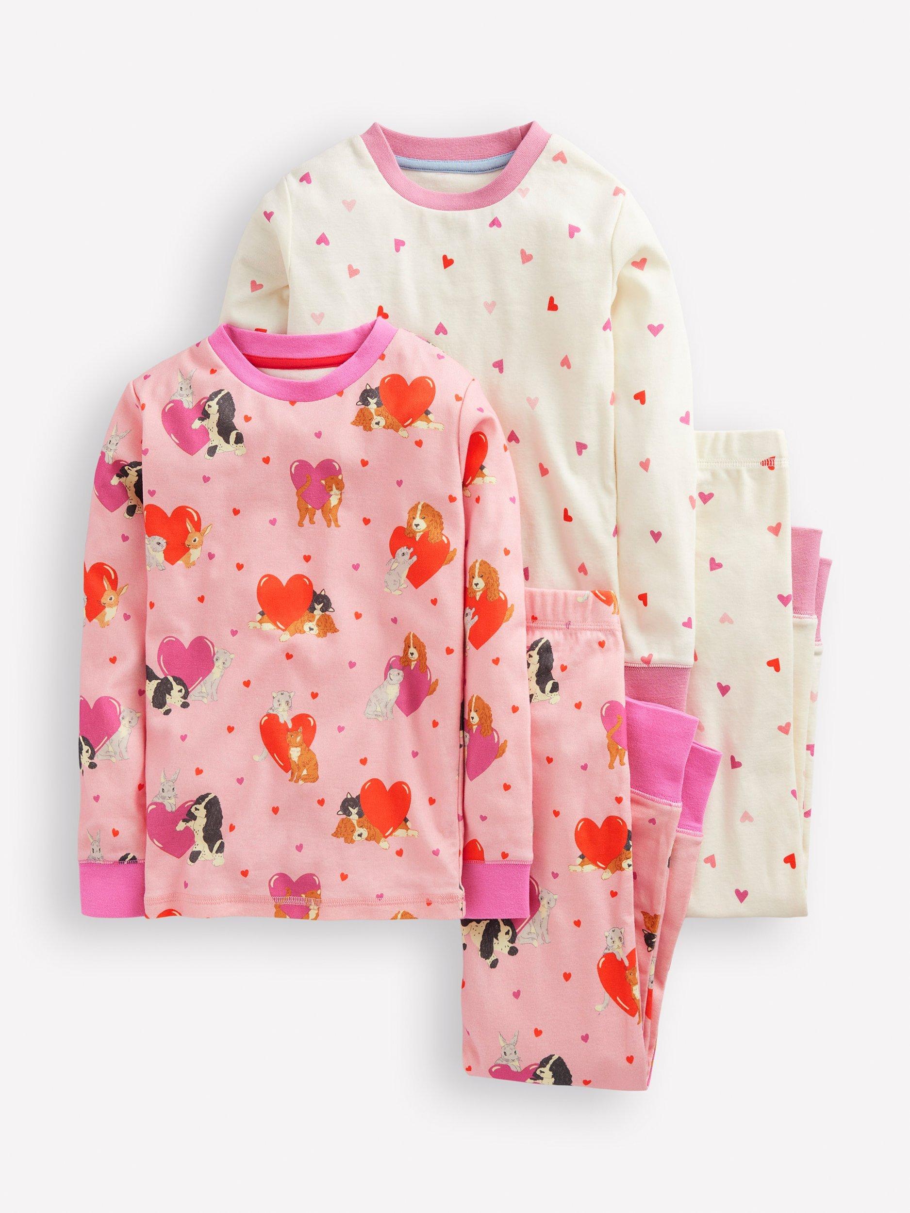 Product image 1 of 3, which shows Mini Boden Kids' Cotton Pyjama Sets, Pack of 2, Pink Valentines, 10 years