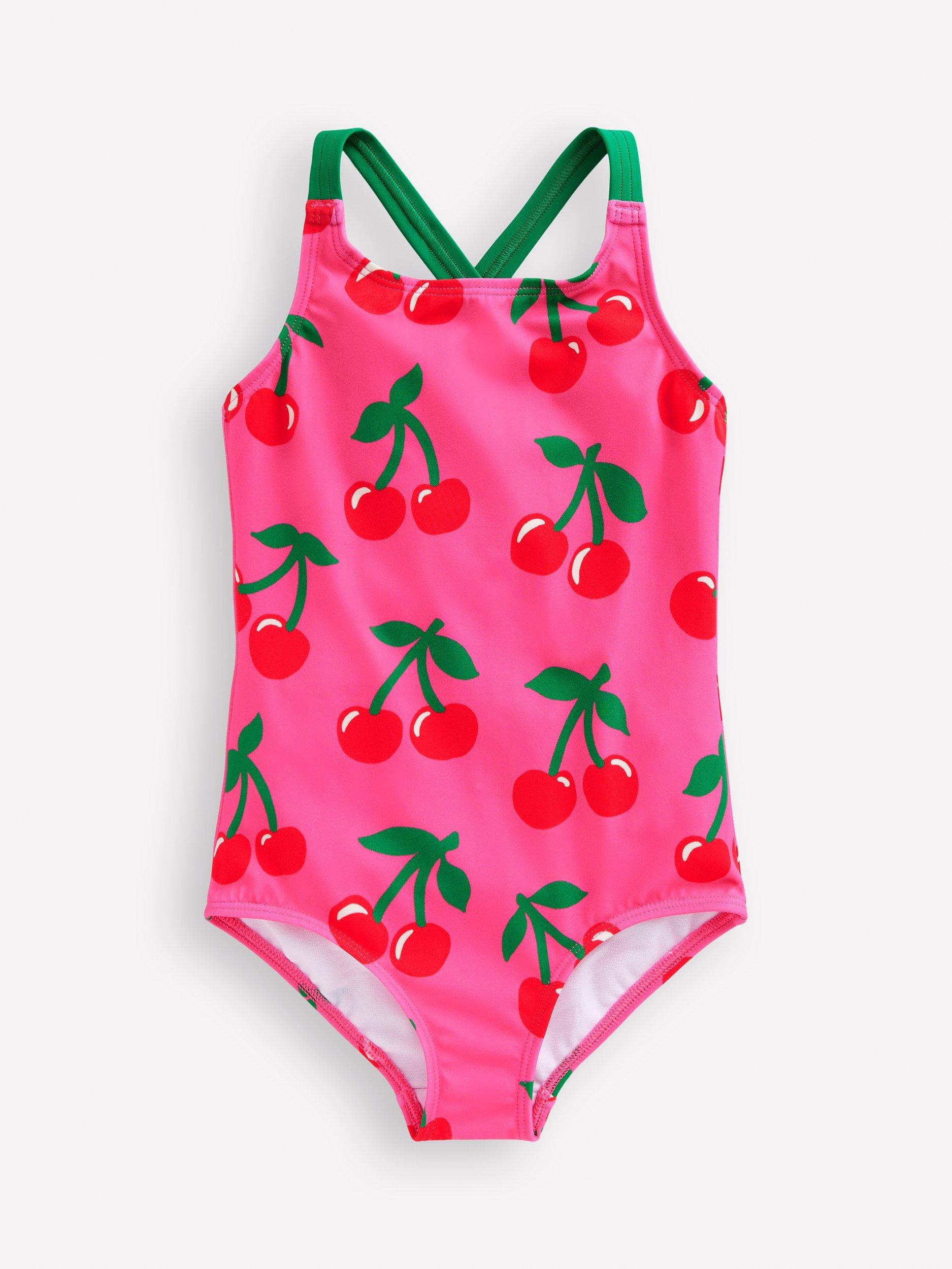 Mini Boden Kids Cross Back Printed Swimsuit Sorbet Pink Cherries