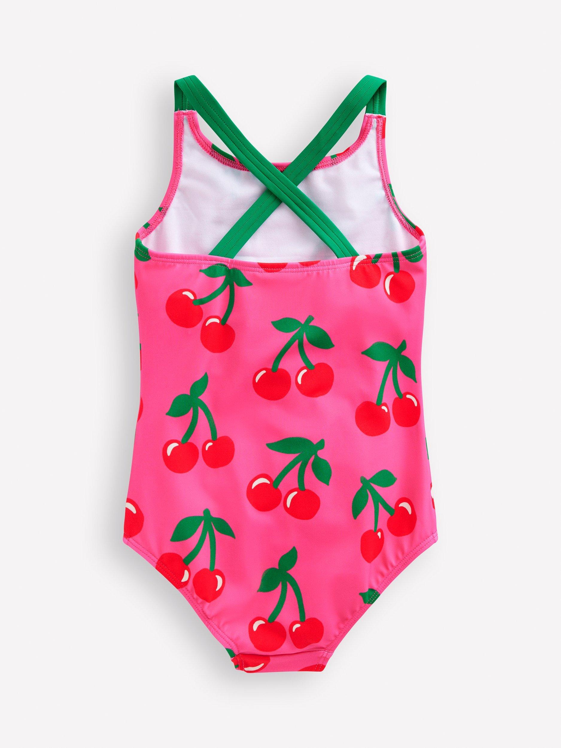 Product image 2 of 3, which shows Mini Boden Kids' Cross-Back Printed Swimsuit, Sorbet Pink Cherries, 2-3 years