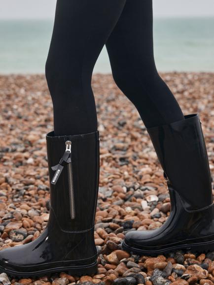 Mint Velvet Patent Knee-High Wellington Boots, Black - view 2, Black