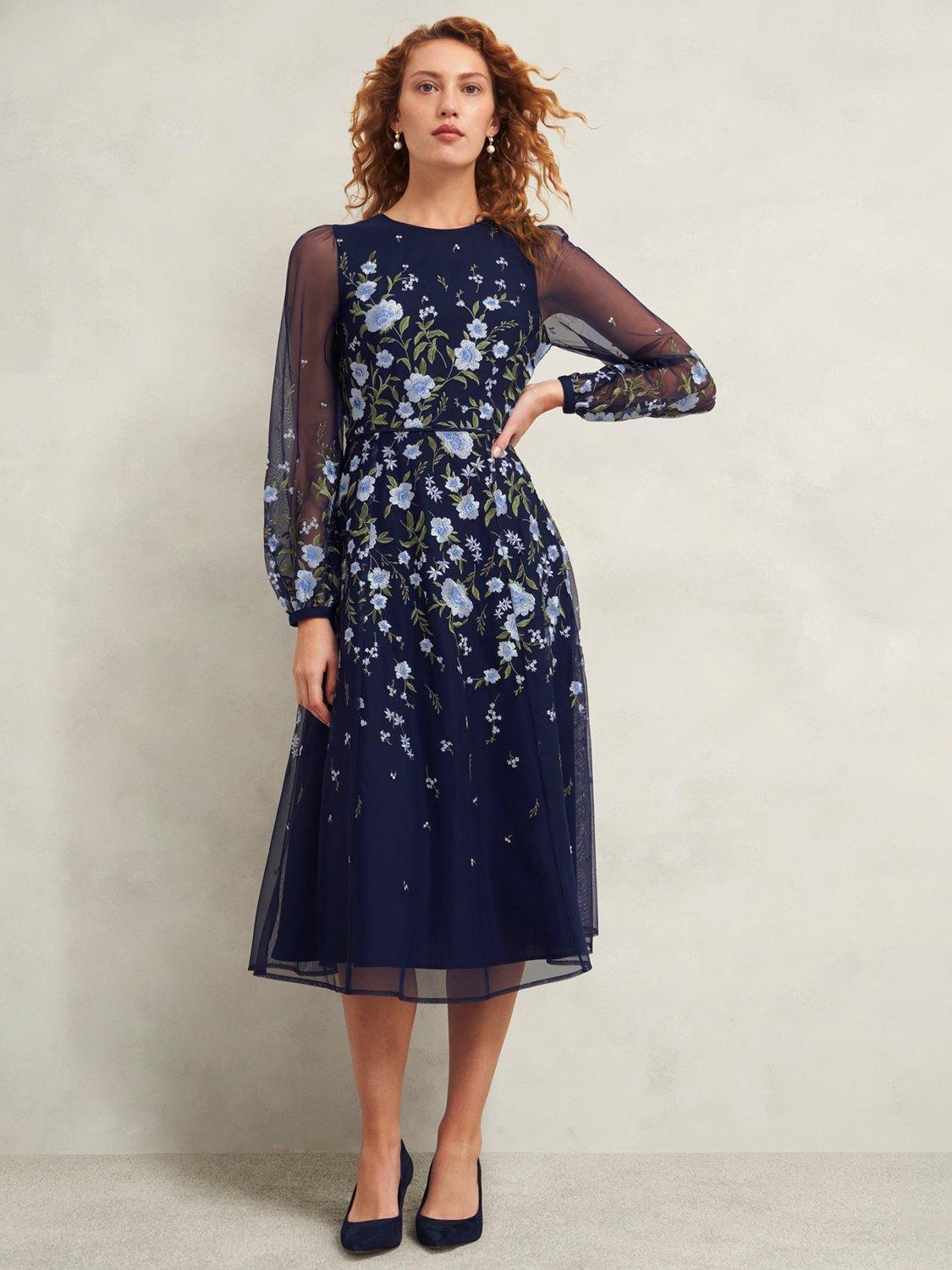 Product image 1 of 6, which shows Hobbs Lois Embroidered Dress, Midnight/Multi, 10