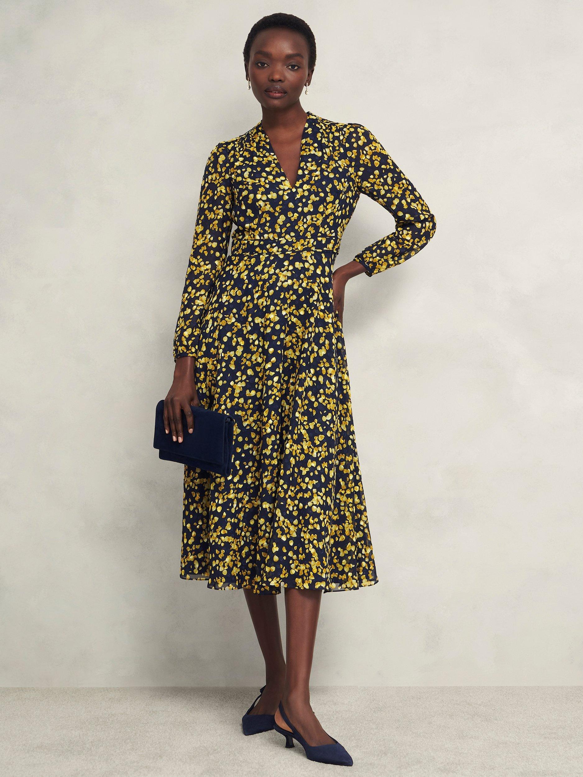 Product image 1 of 8, which shows Hobbs Petite Aurora Petal Dress, Navy/Yellow, 12