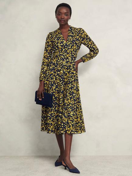 Hobbs Petite Aurora Petal Dress, Navy/Yellow, Navy/Yellow