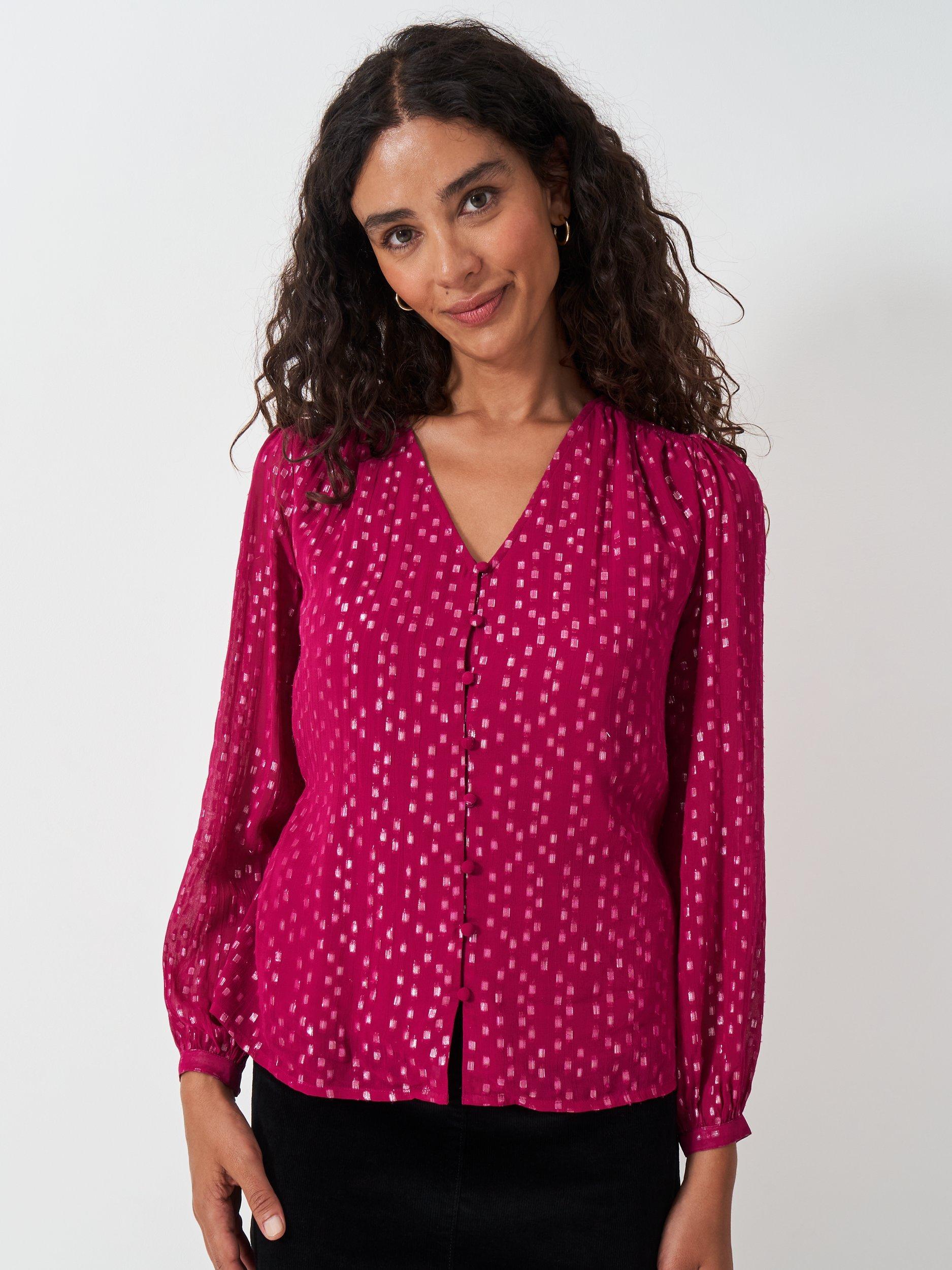 Crew Clothing V-Neck Button Front Blouse, Berry Red