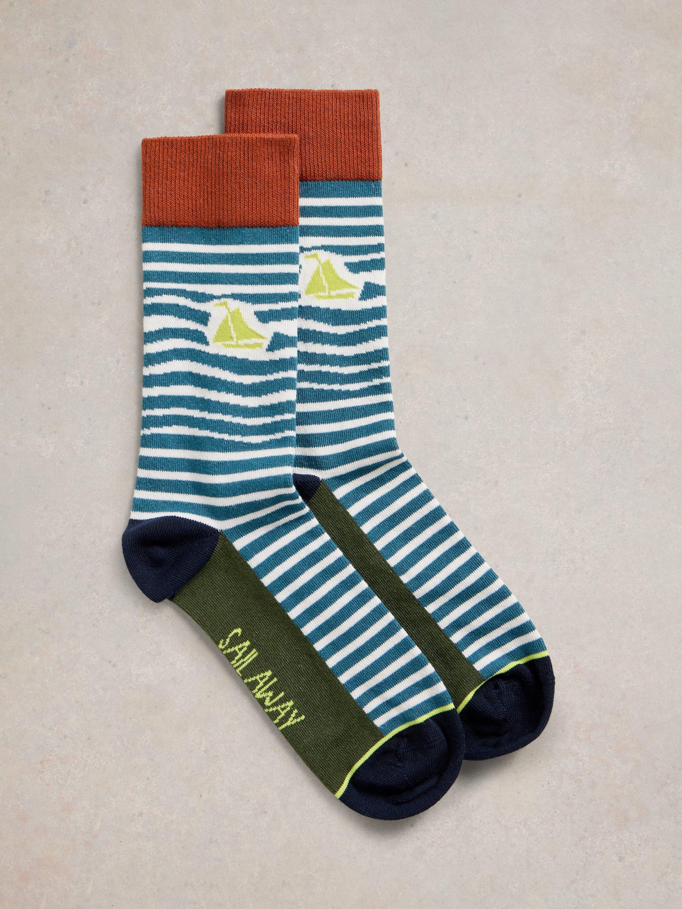 Product image 1 of 2, which shows White Stuff Boats Organic Cotton Rich Ankle Socks, Teal/Multi, 7-8.5