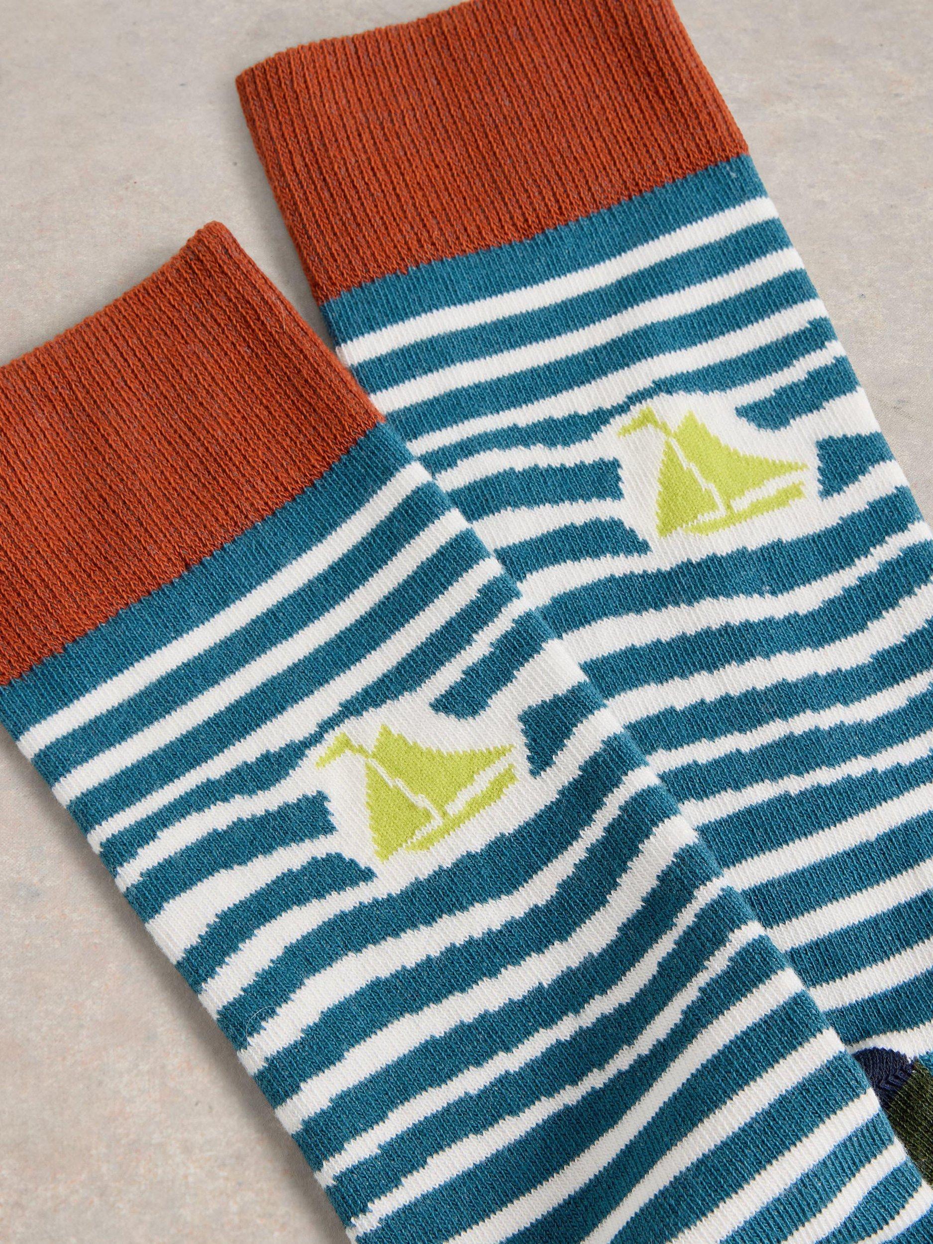 Product image 2 of 2, which shows White Stuff Boats Organic Cotton Rich Ankle Socks, Teal/Multi, 7-8.5