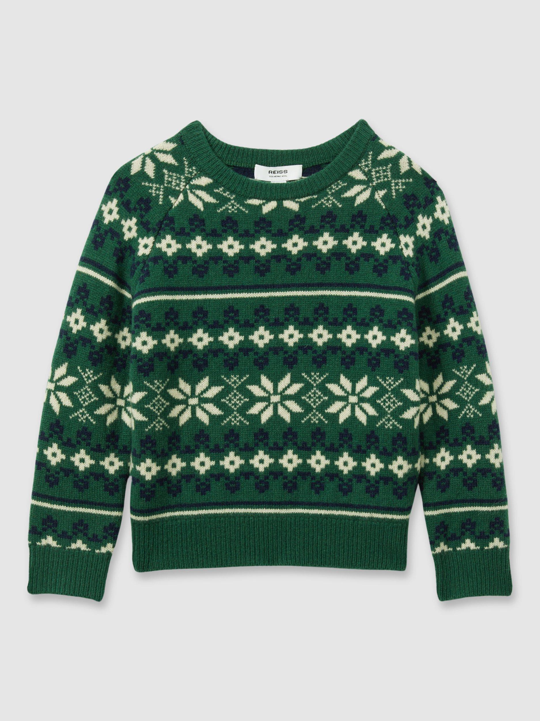 Reiss Kids' Arkensaw Fair Isle Jumper, Green/Blue/Ecru