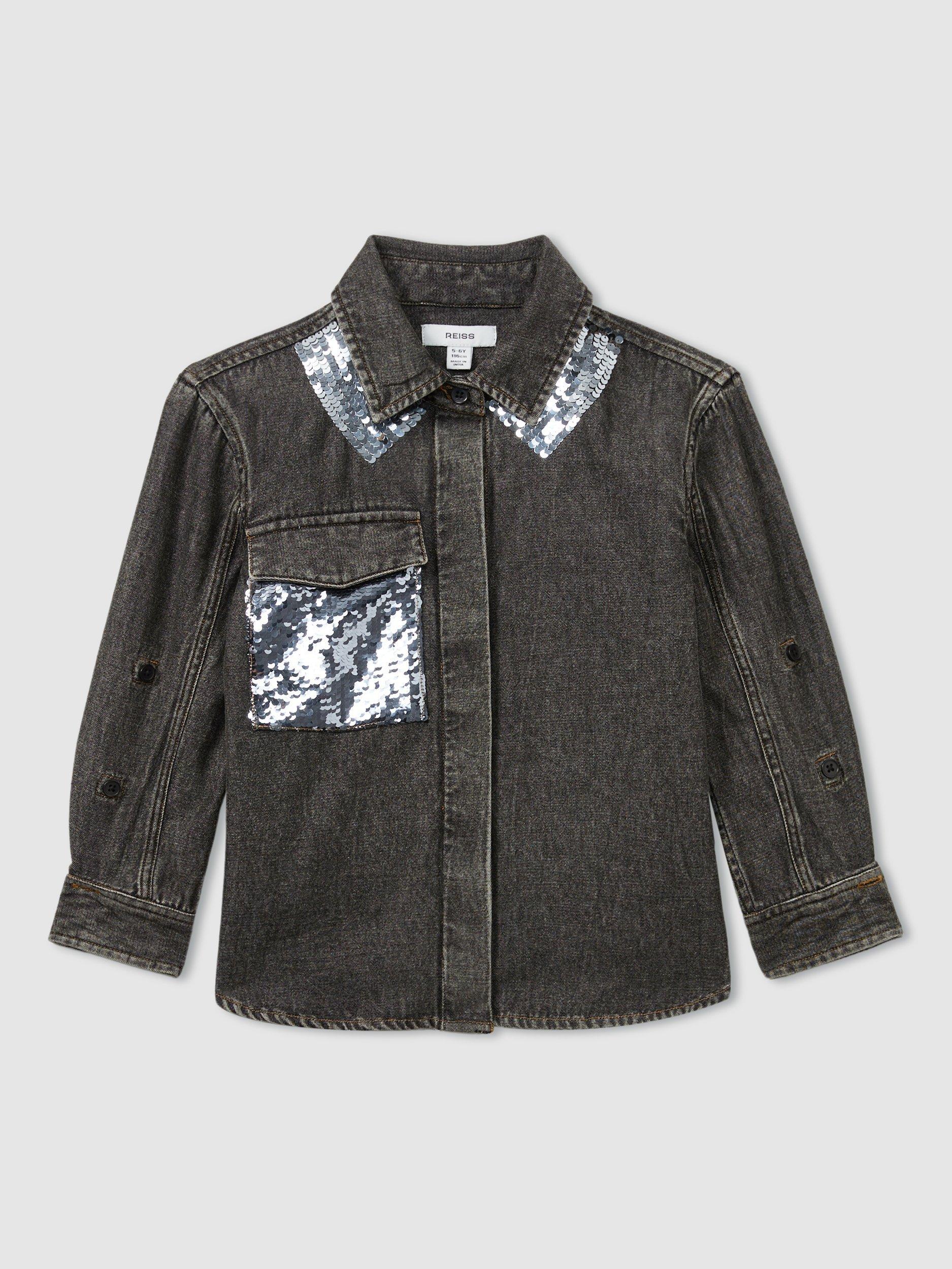 Reiss Kids' Kourtney Sequin Denim Jacket, Grey