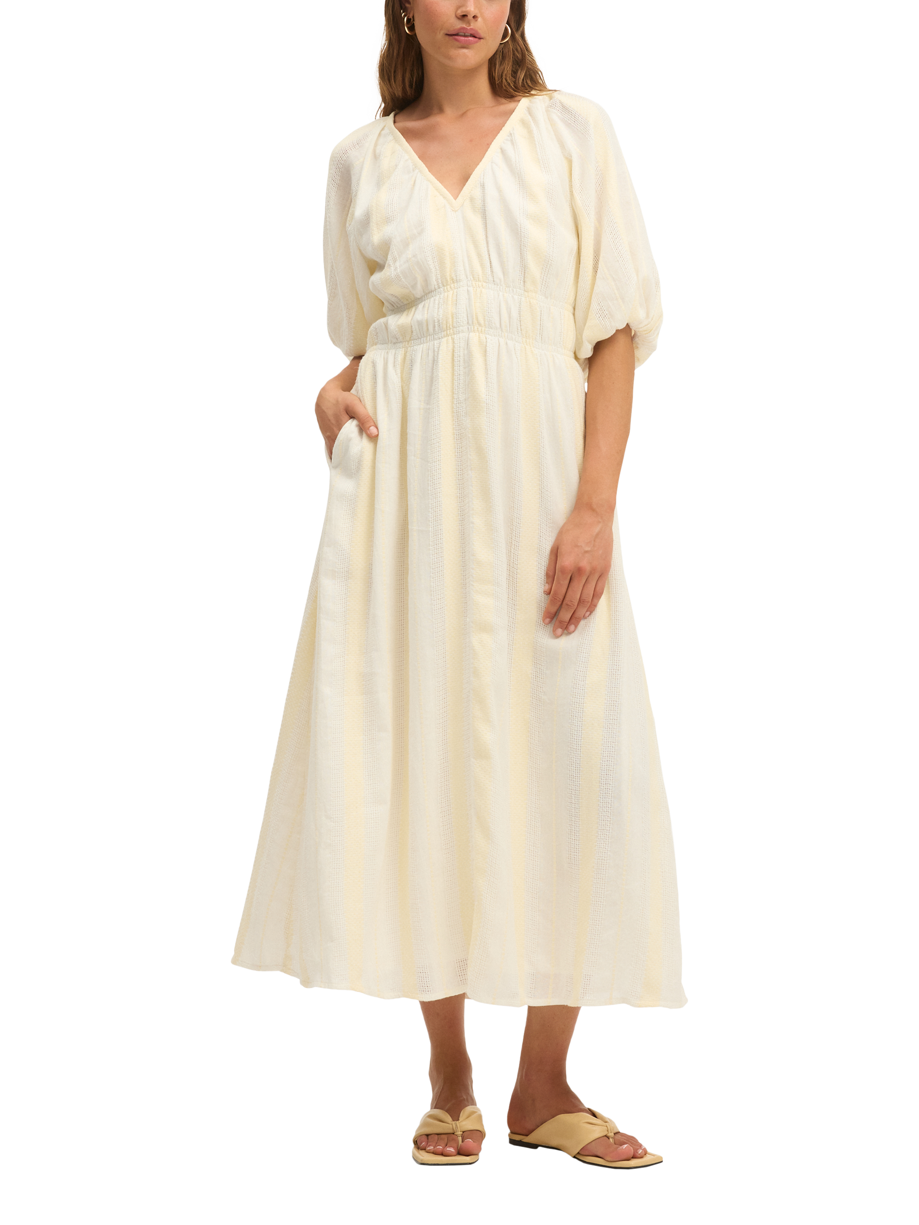 Product image 1 of 3, which shows SUMMERY Copenhagen Bella Elasticated Waist Maxi Dress, Ecru White 663, XS