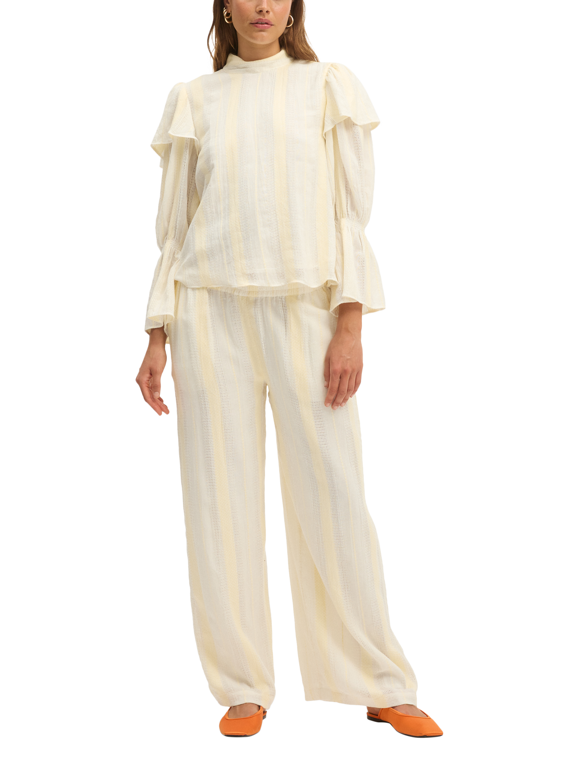 Product image 1 of 6, which shows SUMMERY Copenhagen Barbara Stripe Ruffle Sleeve Blouse, Ecru White 663, S