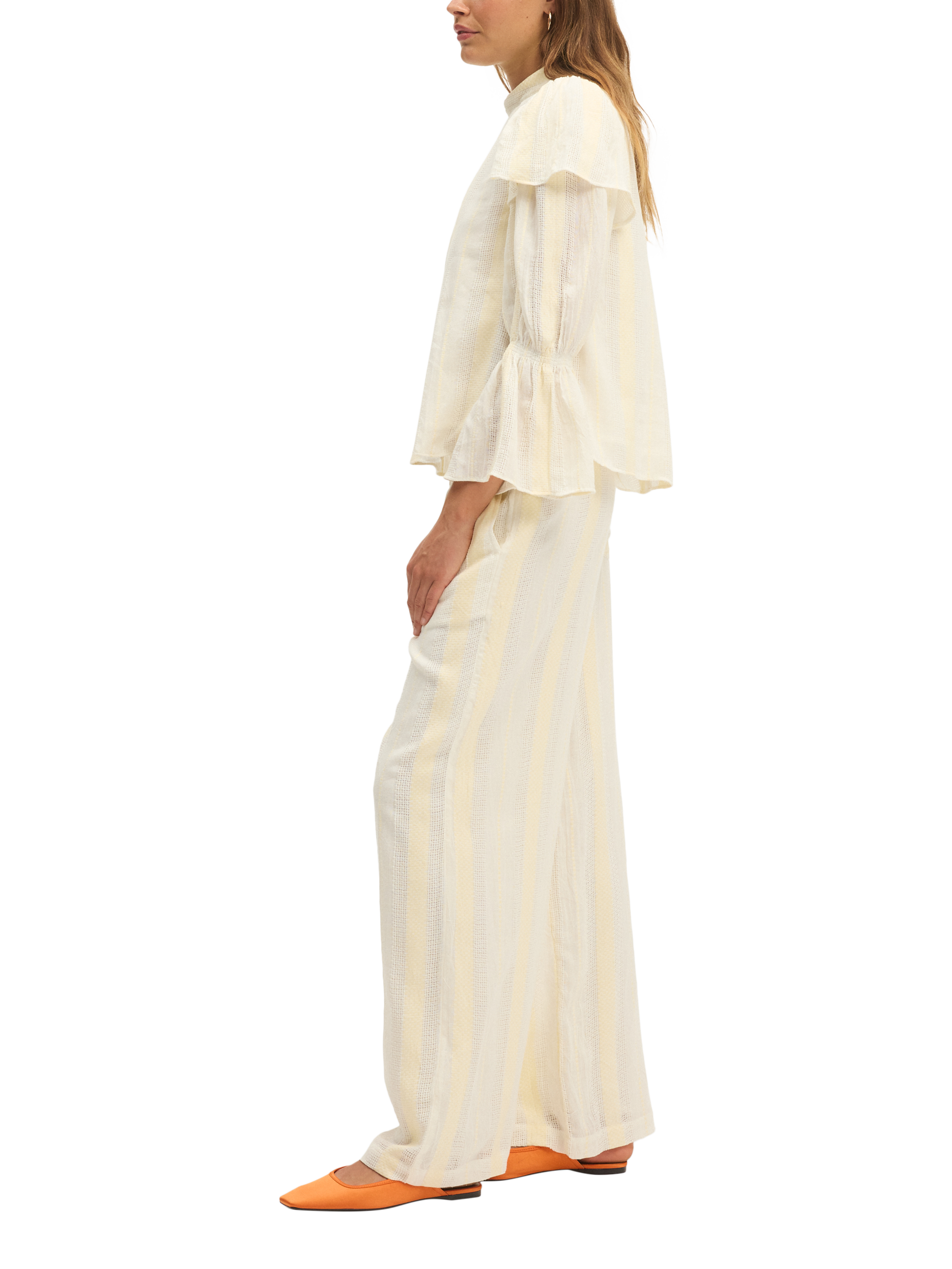 Product image 2 of 6, which shows SUMMERY Copenhagen Barbara Stripe Ruffle Sleeve Blouse, Ecru White 663, S