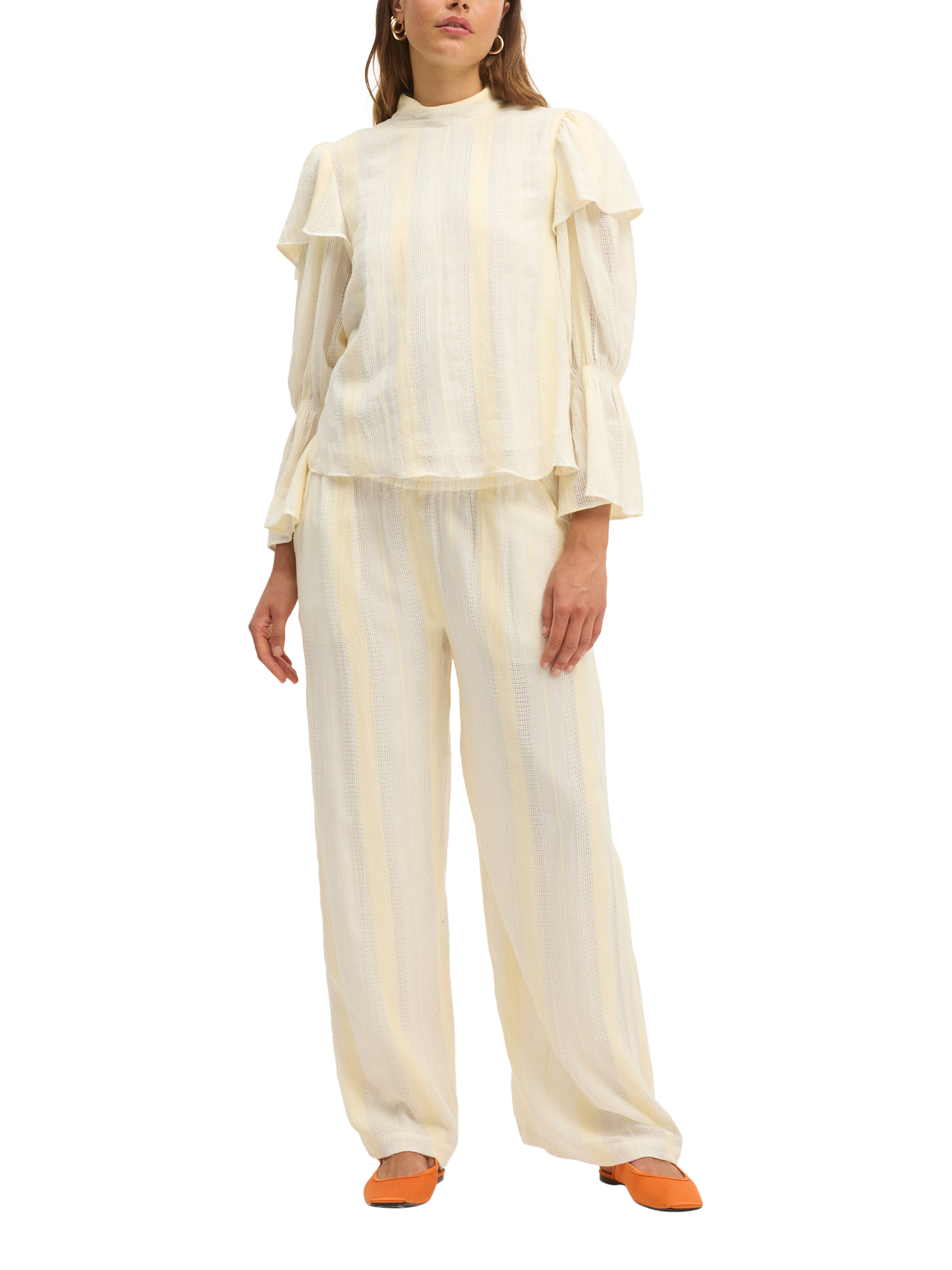 Product image 3 of 6, which shows SUMMERY Copenhagen Barbara Stripe Ruffle Sleeve Blouse, Ecru White 663, S