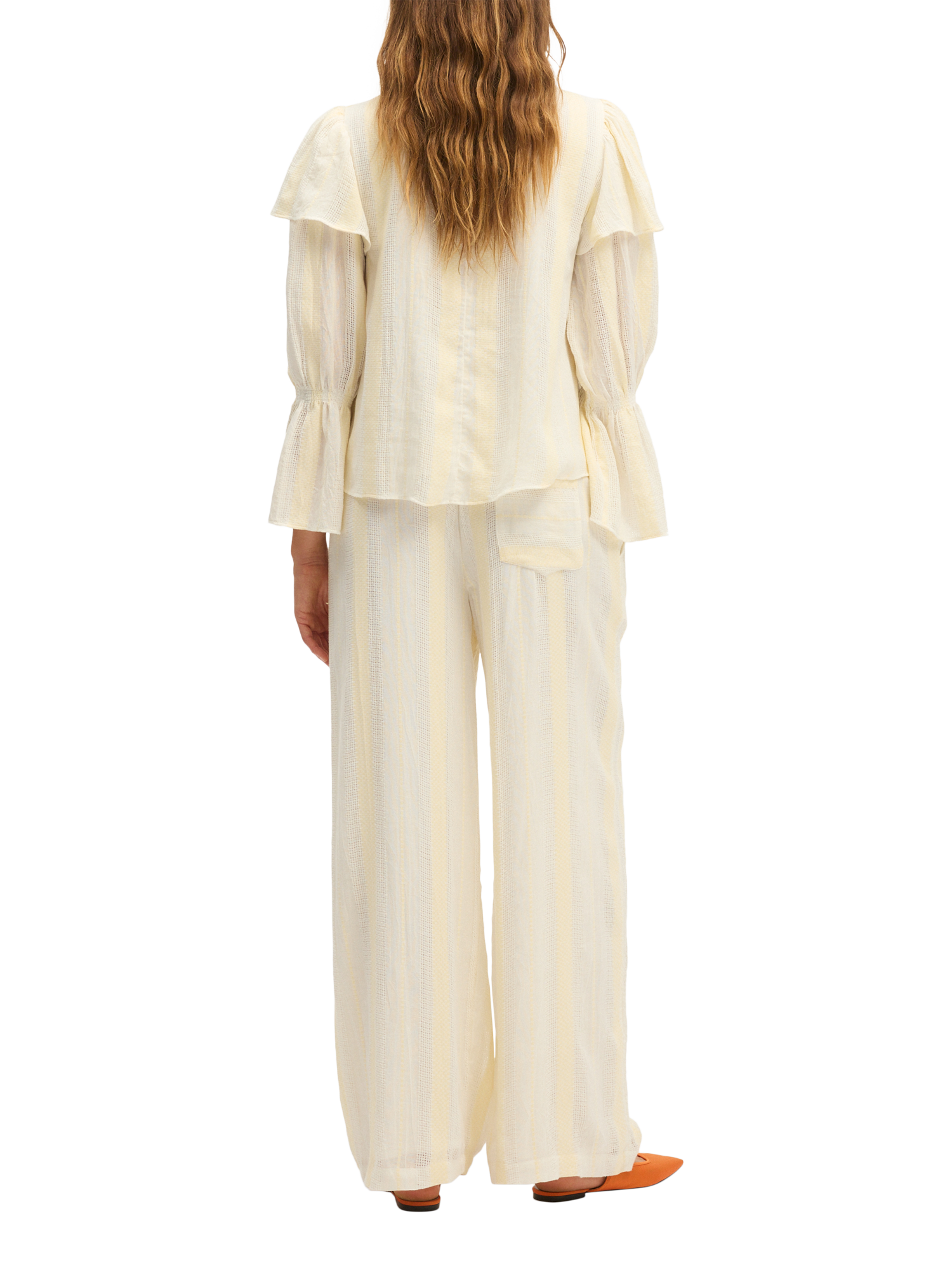 Product image 4 of 6, which shows SUMMERY Copenhagen Barbara Stripe Ruffle Sleeve Blouse, Ecru White 663, S
