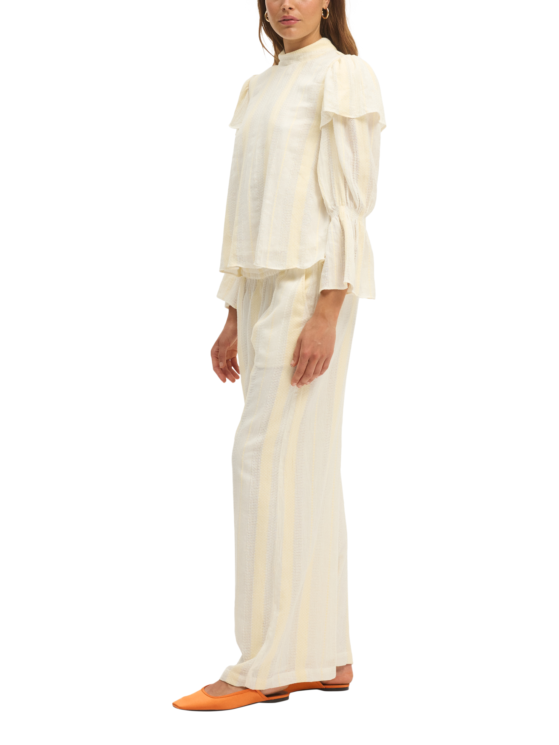 Product image 6 of 6, which shows SUMMERY Copenhagen Barbara Stripe Ruffle Sleeve Blouse, Ecru White 663, S