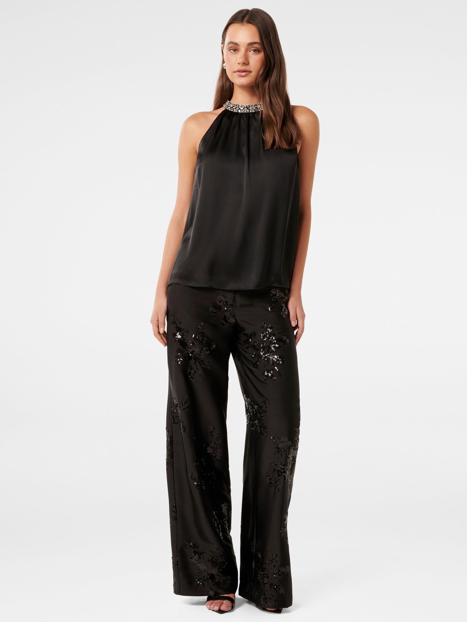 Product image 1 of 5, which shows Forever New Emily Embellished Halterneck Top, Black, 4