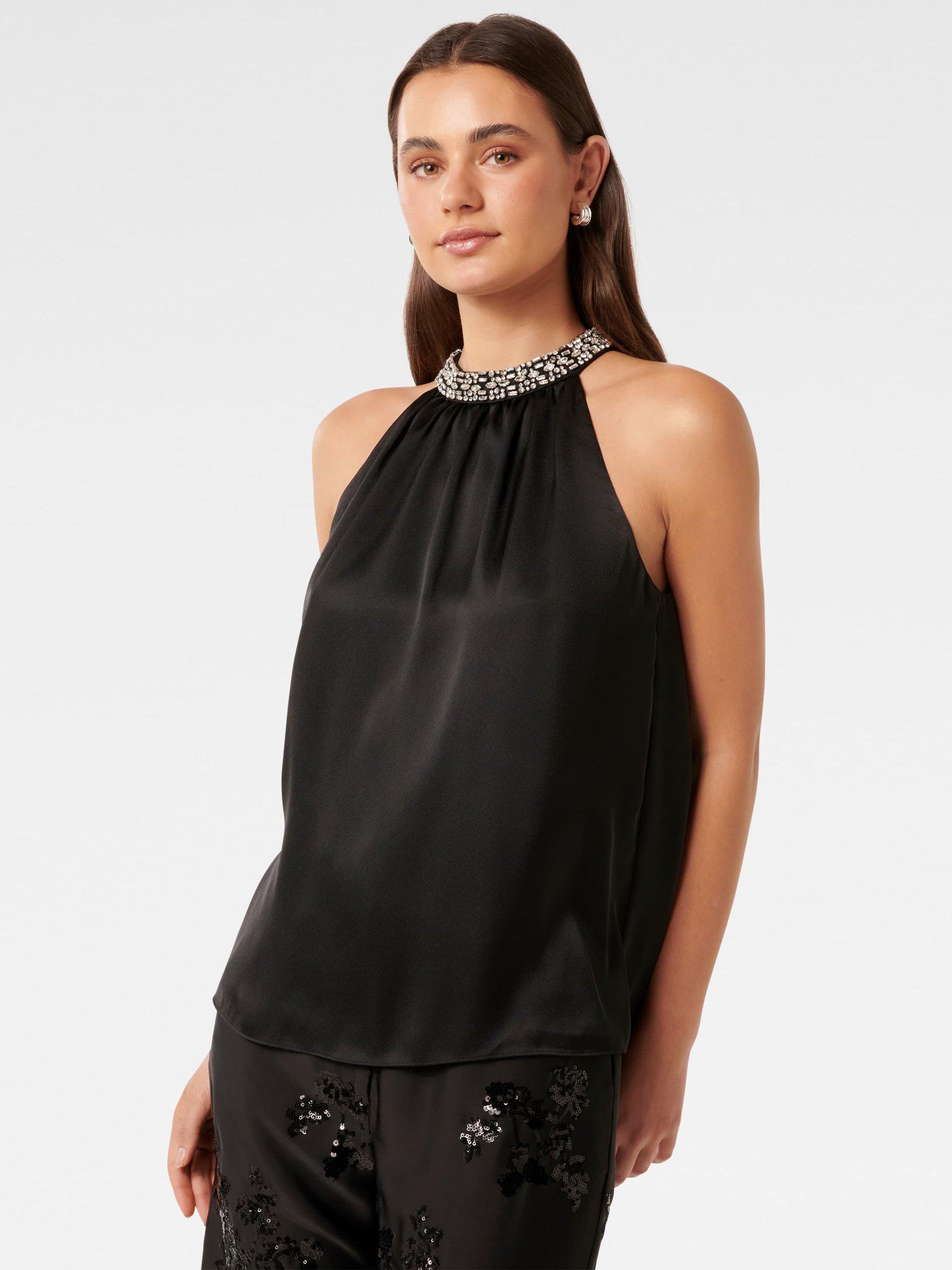 Product image 3 of 5, which shows Forever New Emily Embellished Halterneck Top, Black, 4