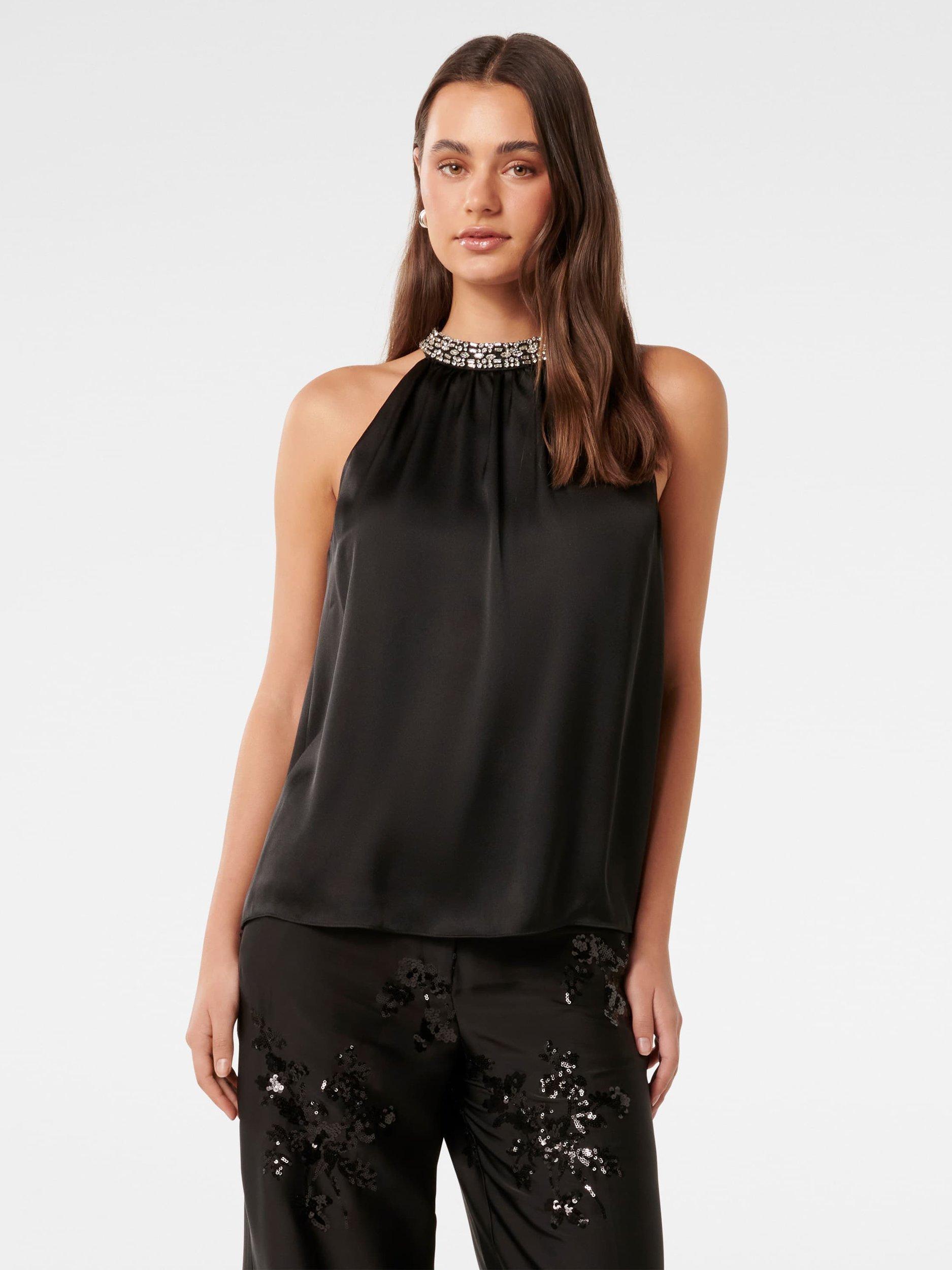 Product image 5 of 5, which shows Forever New Emily Embellished Halterneck Top, Black, 4