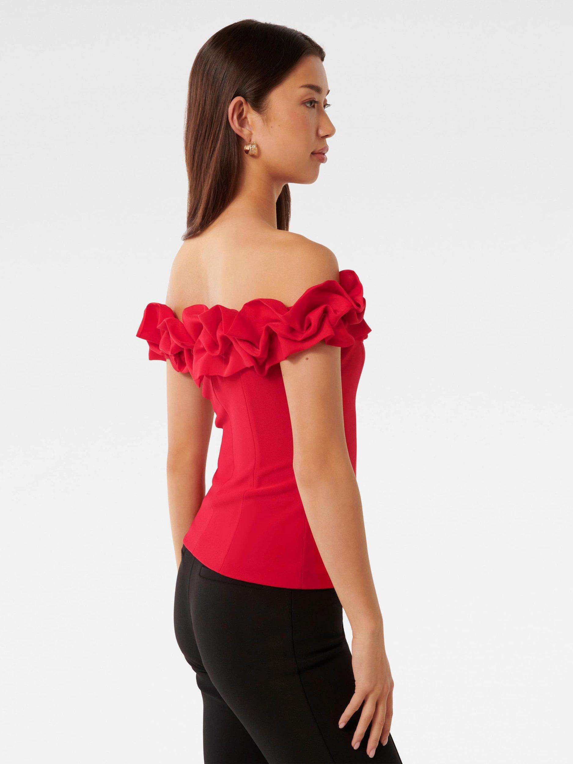 Product image 2 of 5, which shows Forever New Stephanie Ruffle Crepe Bustier Top, Salsa, L