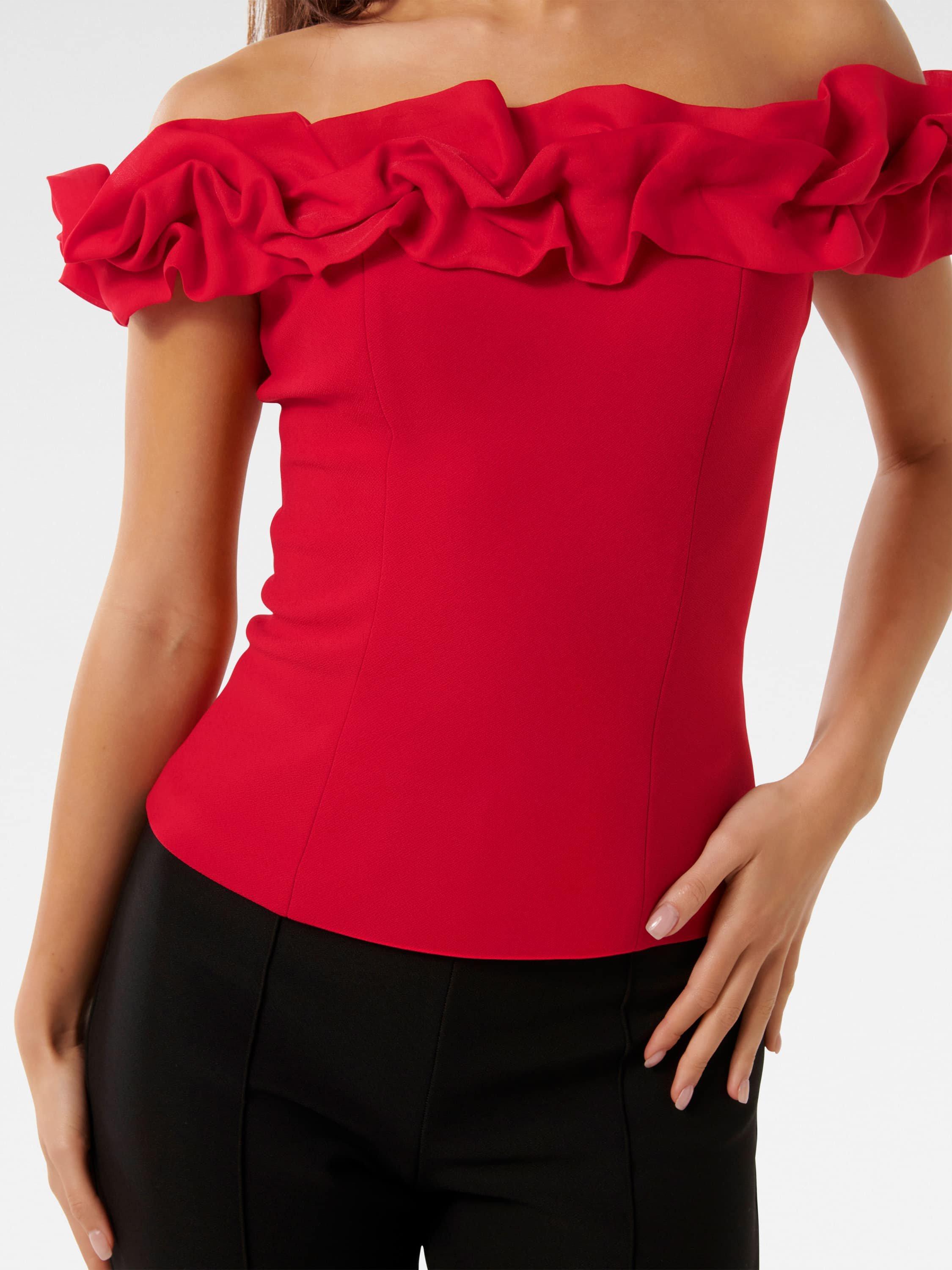 Product image 4 of 5, which shows Forever New Stephanie Ruffle Crepe Bustier Top, Salsa, L