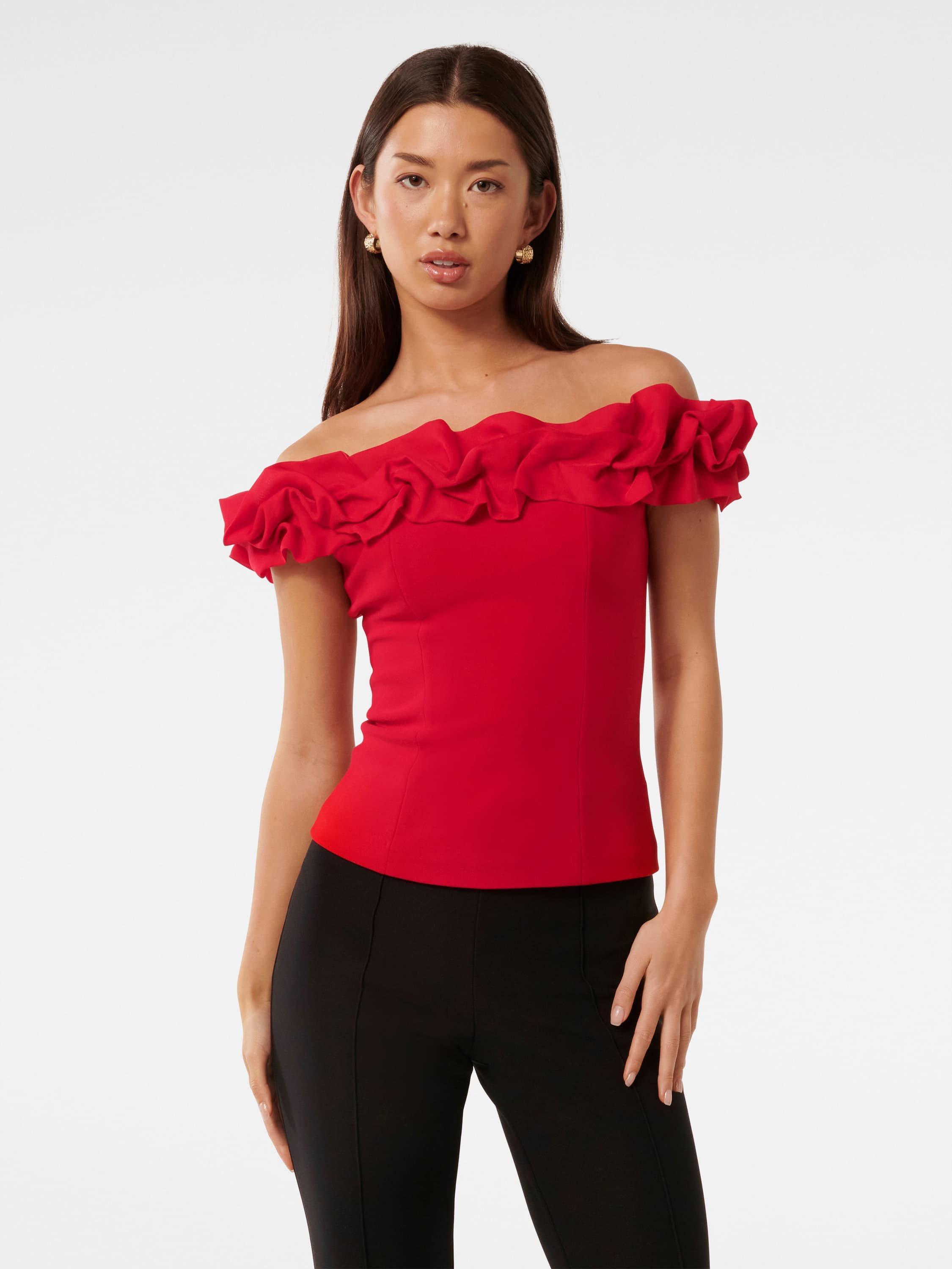 Product image 5 of 5, which shows Forever New Stephanie Ruffle Crepe Bustier Top, Salsa, L