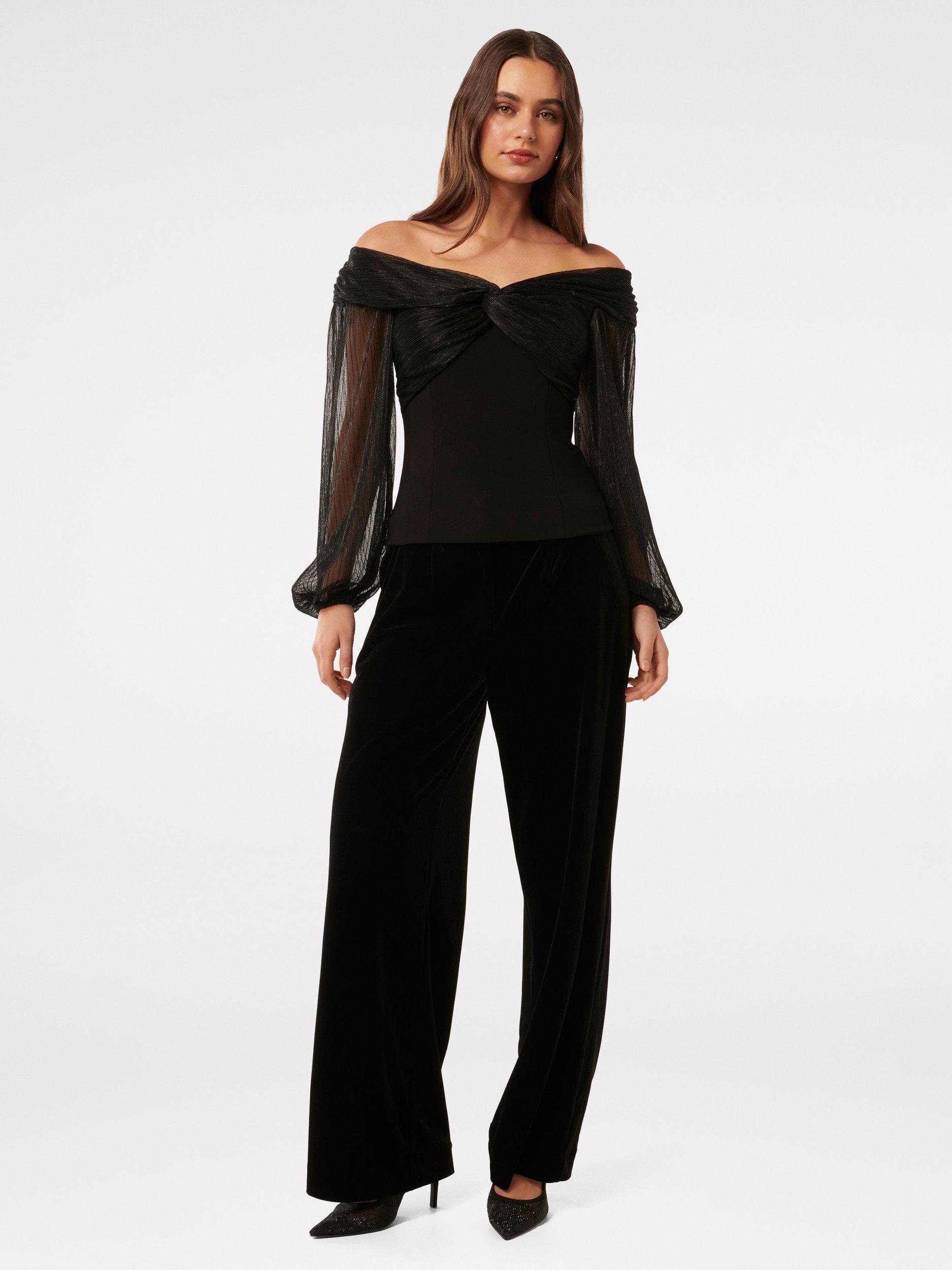 Product image 1 of 5, which shows Forever New Alyssa Twist Front Plisse Bardot Neck Top, Black, L
