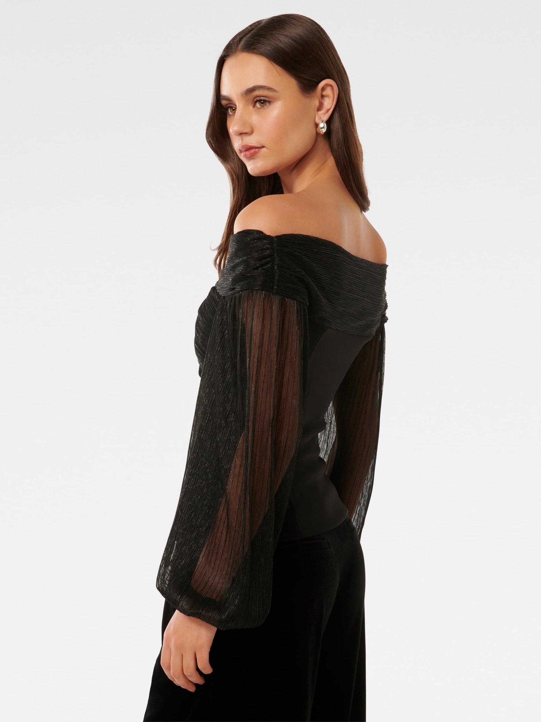 Product image 2 of 5, which shows Forever New Alyssa Twist Front Plisse Bardot Neck Top, Black, L