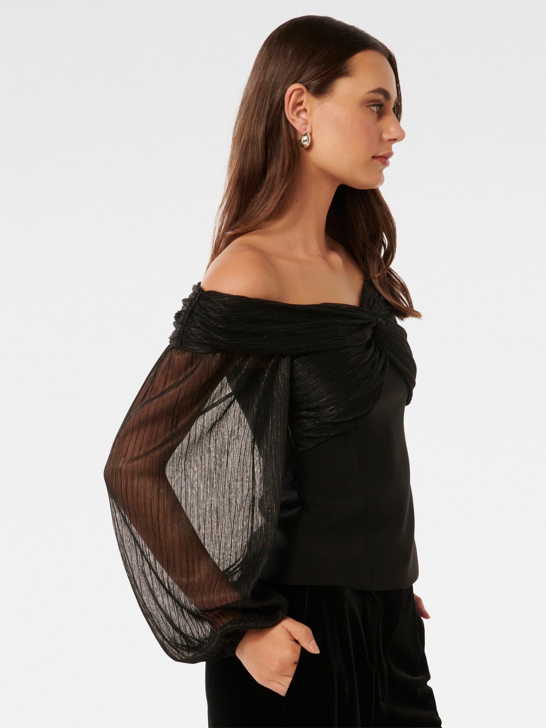 Product image 3 of 5, which shows Forever New Alyssa Twist Front Plisse Bardot Neck Top, Black, L