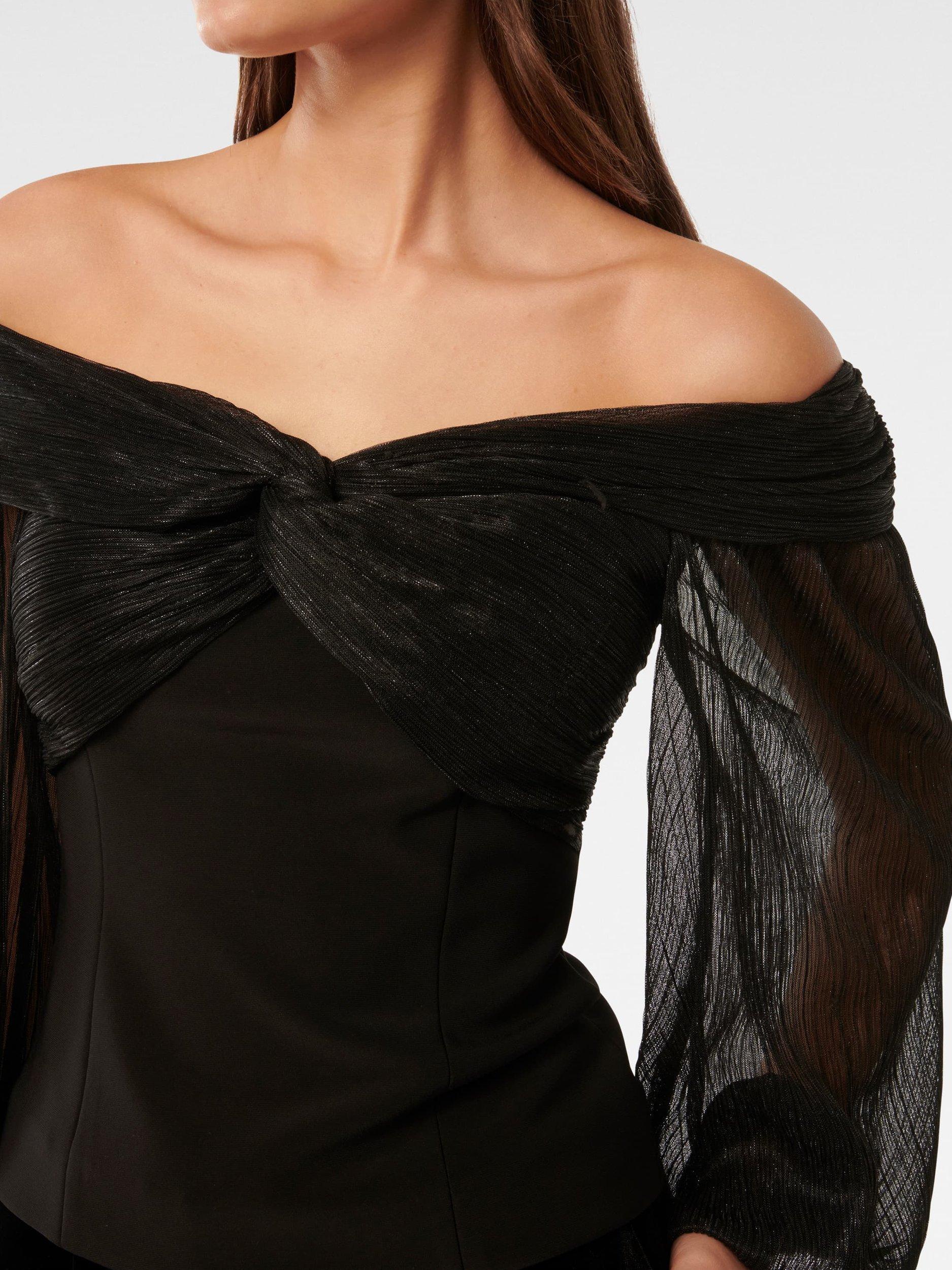 Product image 4 of 5, which shows Forever New Alyssa Twist Front Plisse Bardot Neck Top, Black, L