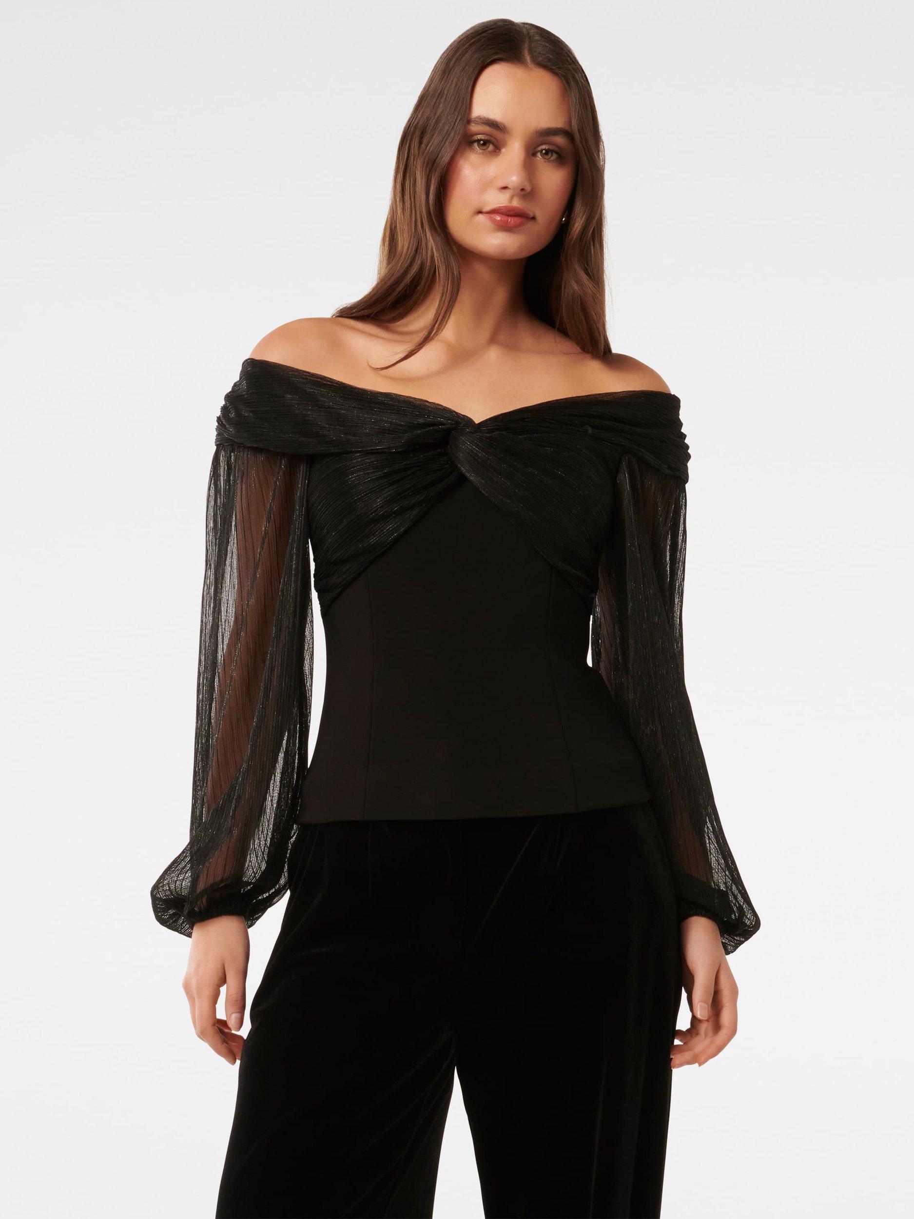 Product image 5 of 5, which shows Forever New Alyssa Twist Front Plisse Bardot Neck Top, Black, L