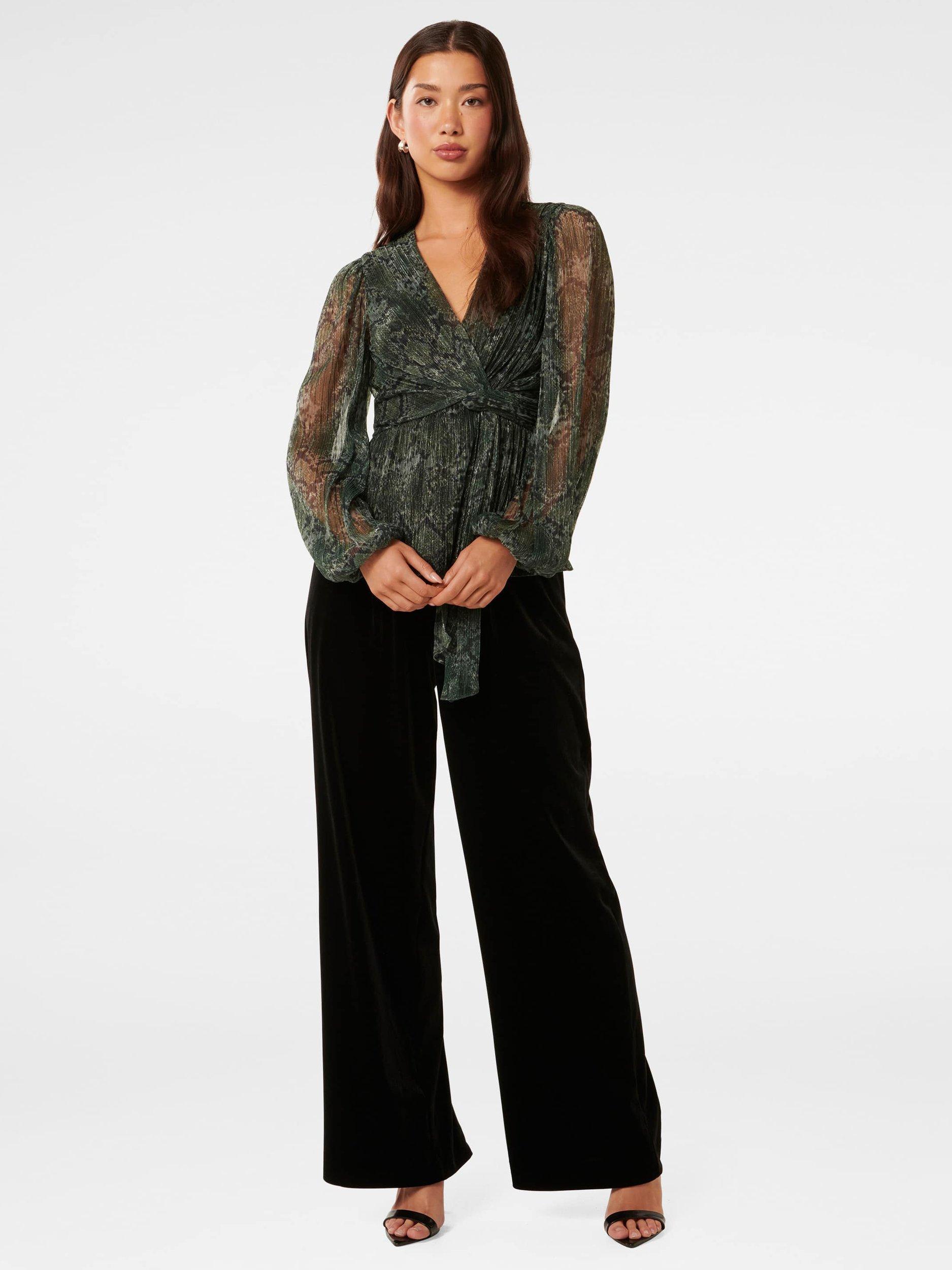 Product image 1 of 5, which shows Forever New Cassidy Print Plisse Top, Green Sepia, L