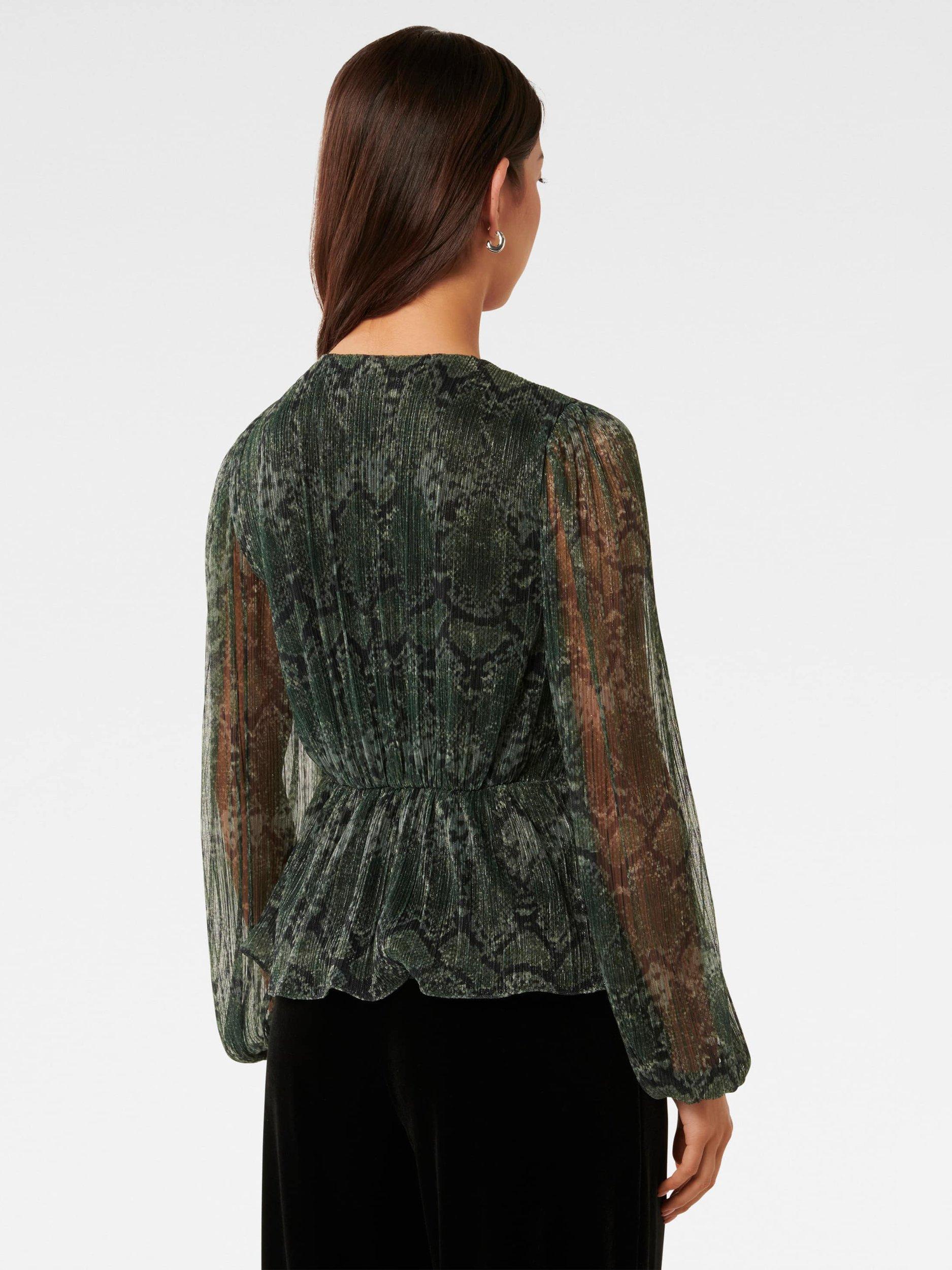 Product image 2 of 5, which shows Forever New Cassidy Print Plisse Top, Green Sepia, L