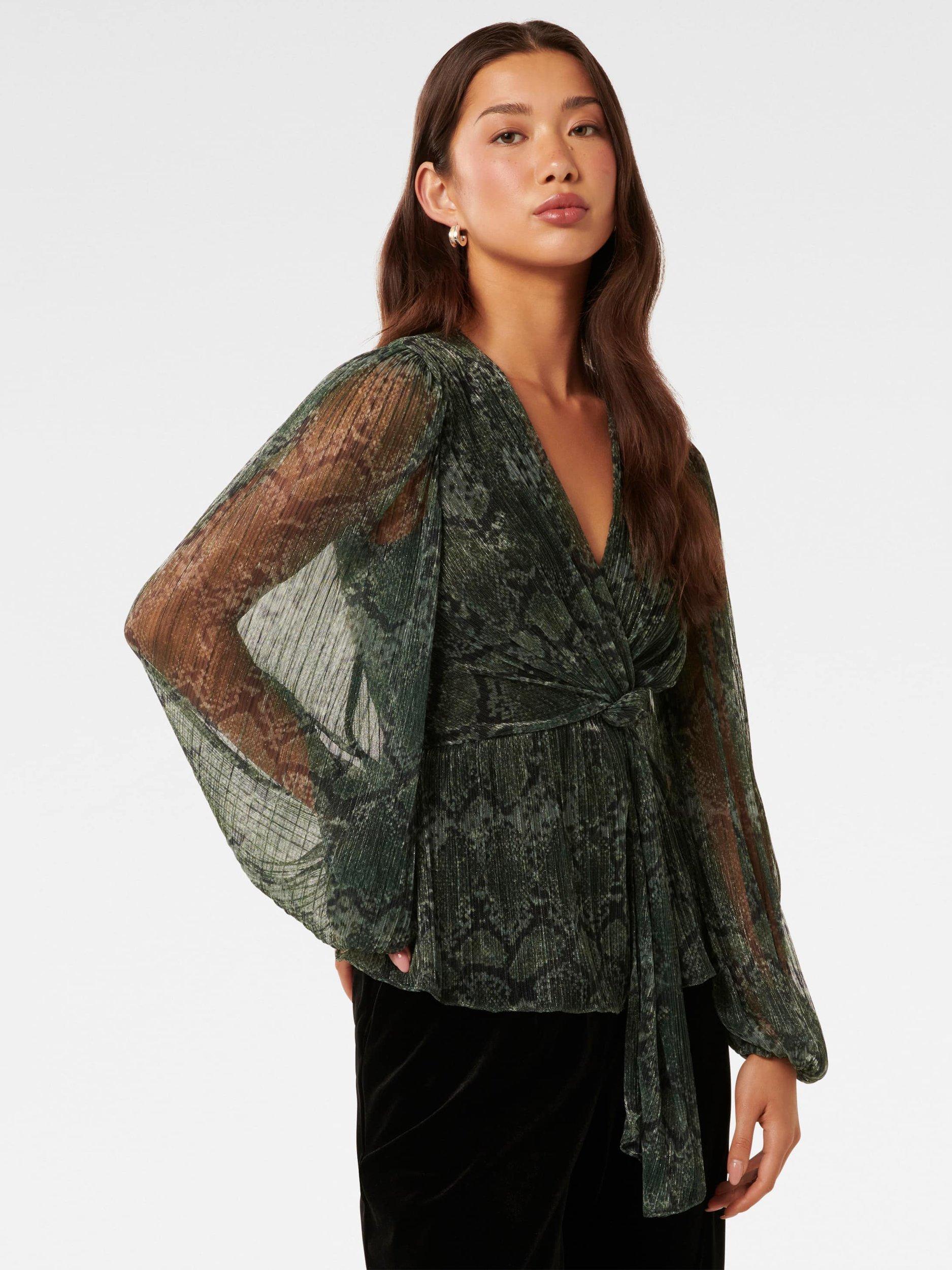 Product image 3 of 5, which shows Forever New Cassidy Print Plisse Top, Green Sepia, L