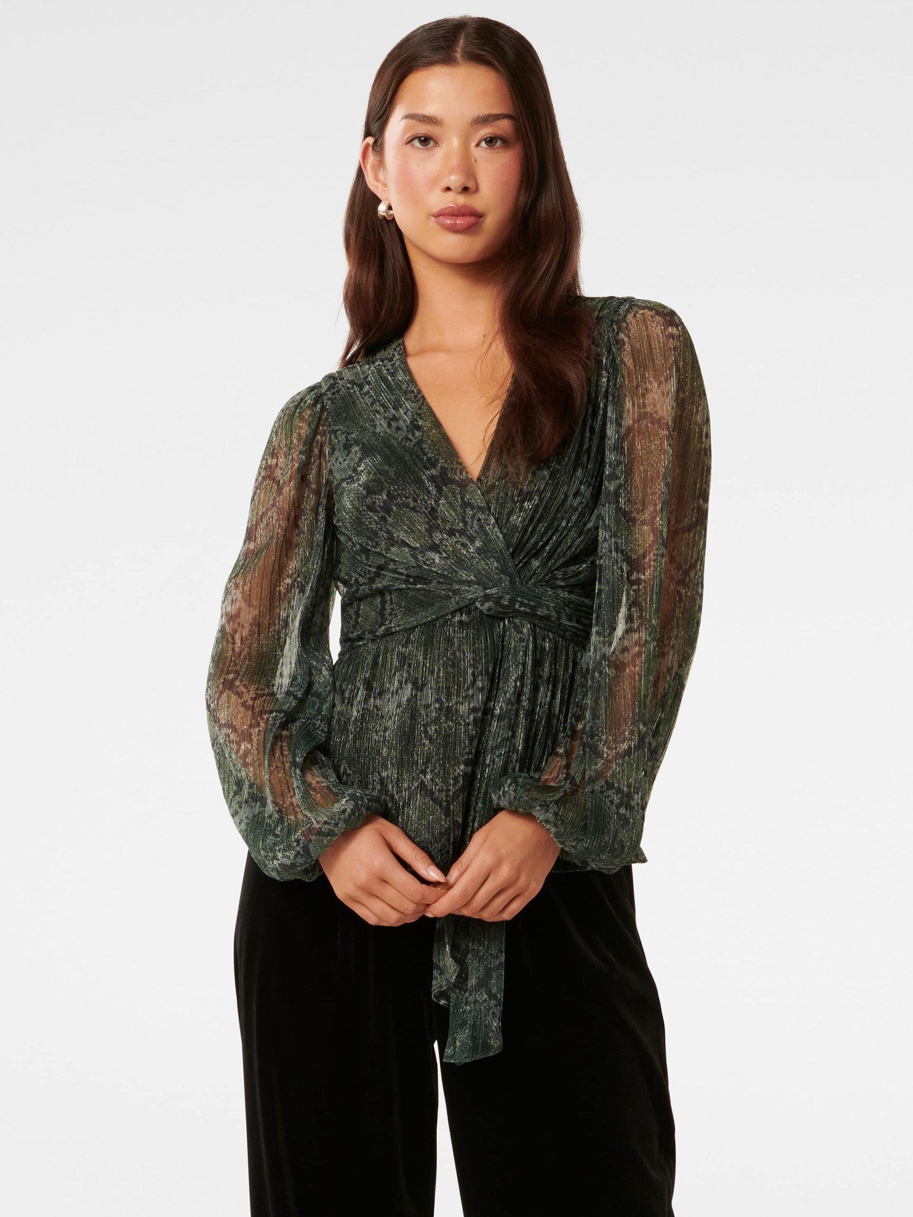 Product image 5 of 5, which shows Forever New Cassidy Print Plisse Top, Green Sepia, L