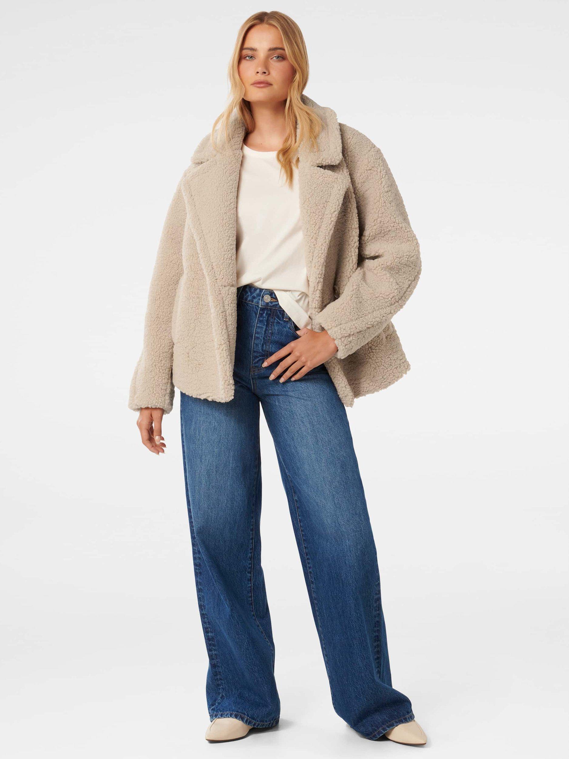 Product image 1 of 5, which shows Forever New Analise Borg Teddy Jacket, Soft Biscuit, 4