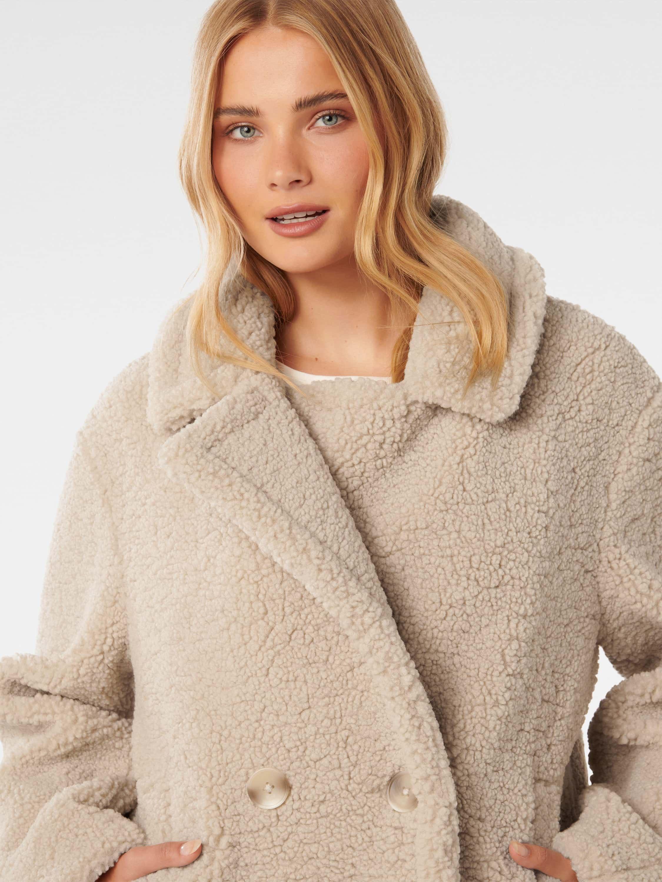 Product image 4 of 5, which shows Forever New Analise Borg Teddy Jacket, Soft Biscuit, 4