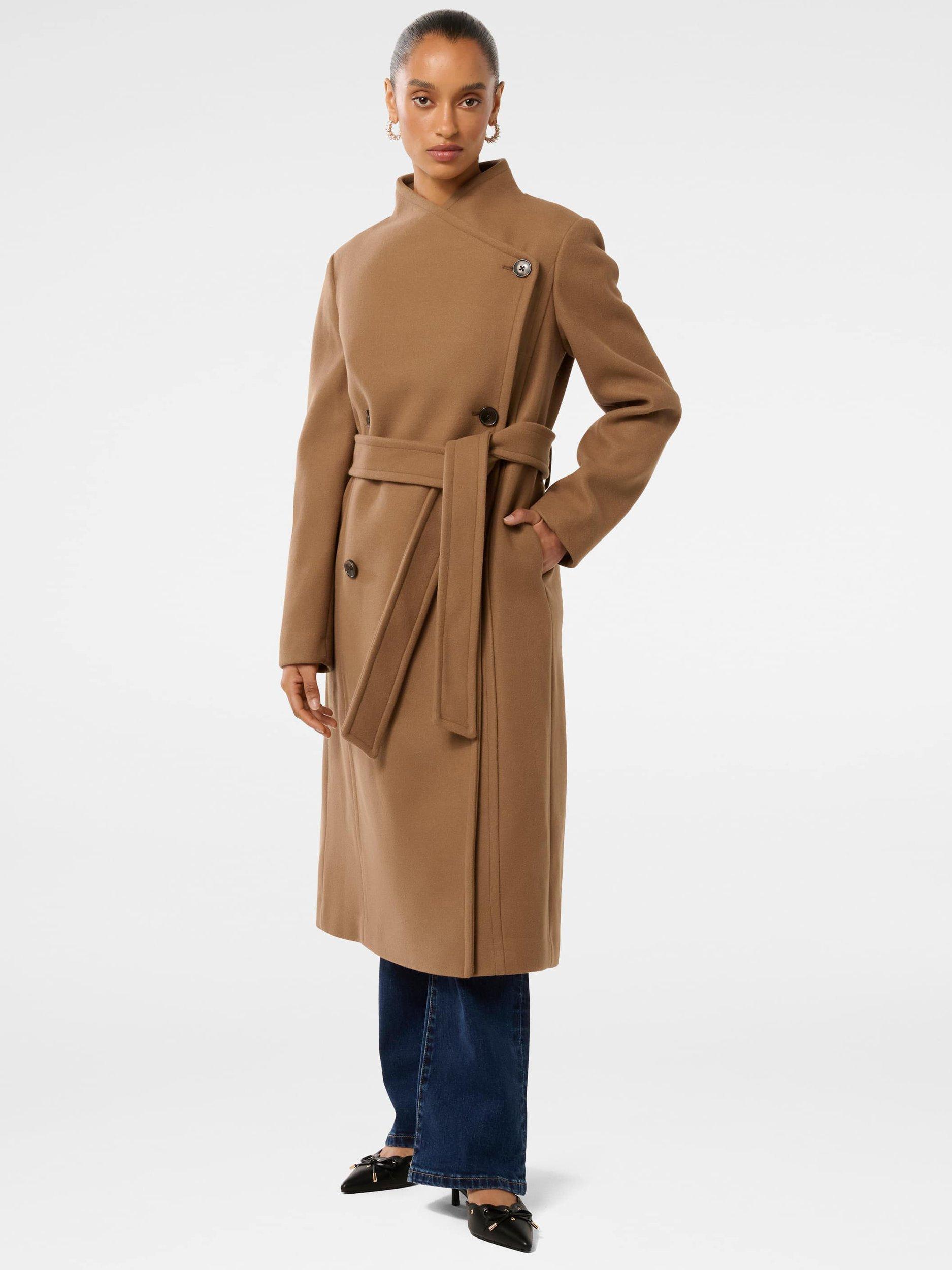 Forever New Ari Petite Funnel Neck Wrap Front Coat Dark Camel