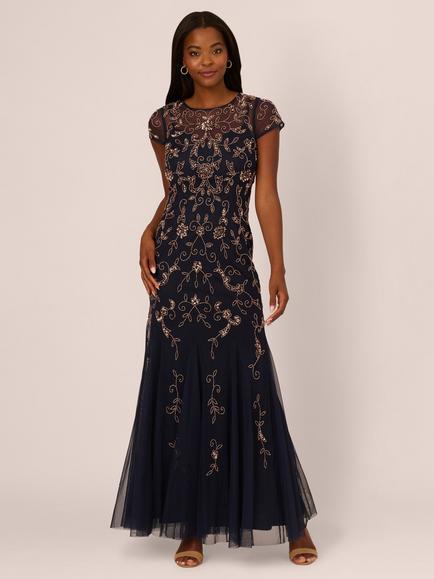 Adrianna Papell Studio Bead Mesh Godet Dress, Navy/Rose Gold, Navy/Rose Gold