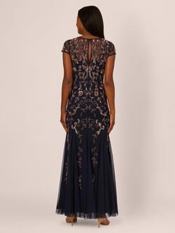 Adrianna Papell Studio Bead Mesh Godet Dress, Navy/Rose Gold - view 2, Navy/Rose Gold