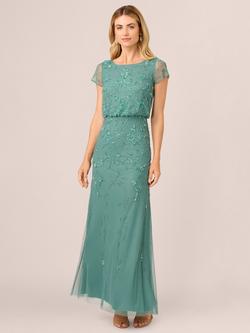 Adrianna Papell Studio Beaded Blouson Sleeve Maxi Dress, Slate Green