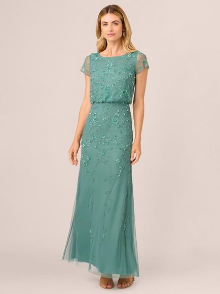 Adrianna Papell Studio Beaded Blouson Sleeve Maxi Dress, Slate Green