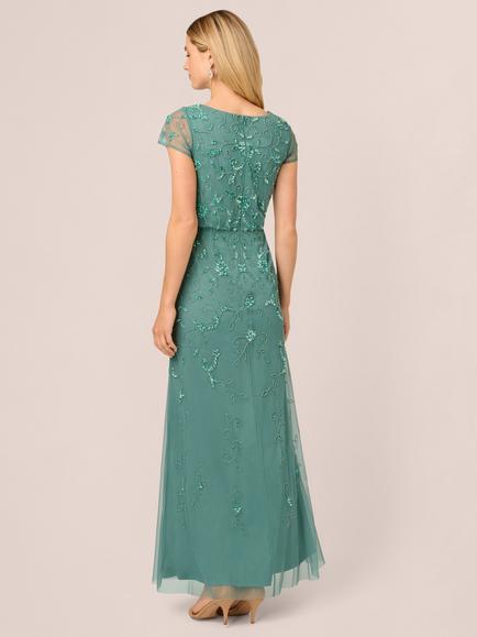 Adrianna Papell Studio Beaded Blouson Sleeve Maxi Dress - view 2, Slate Green