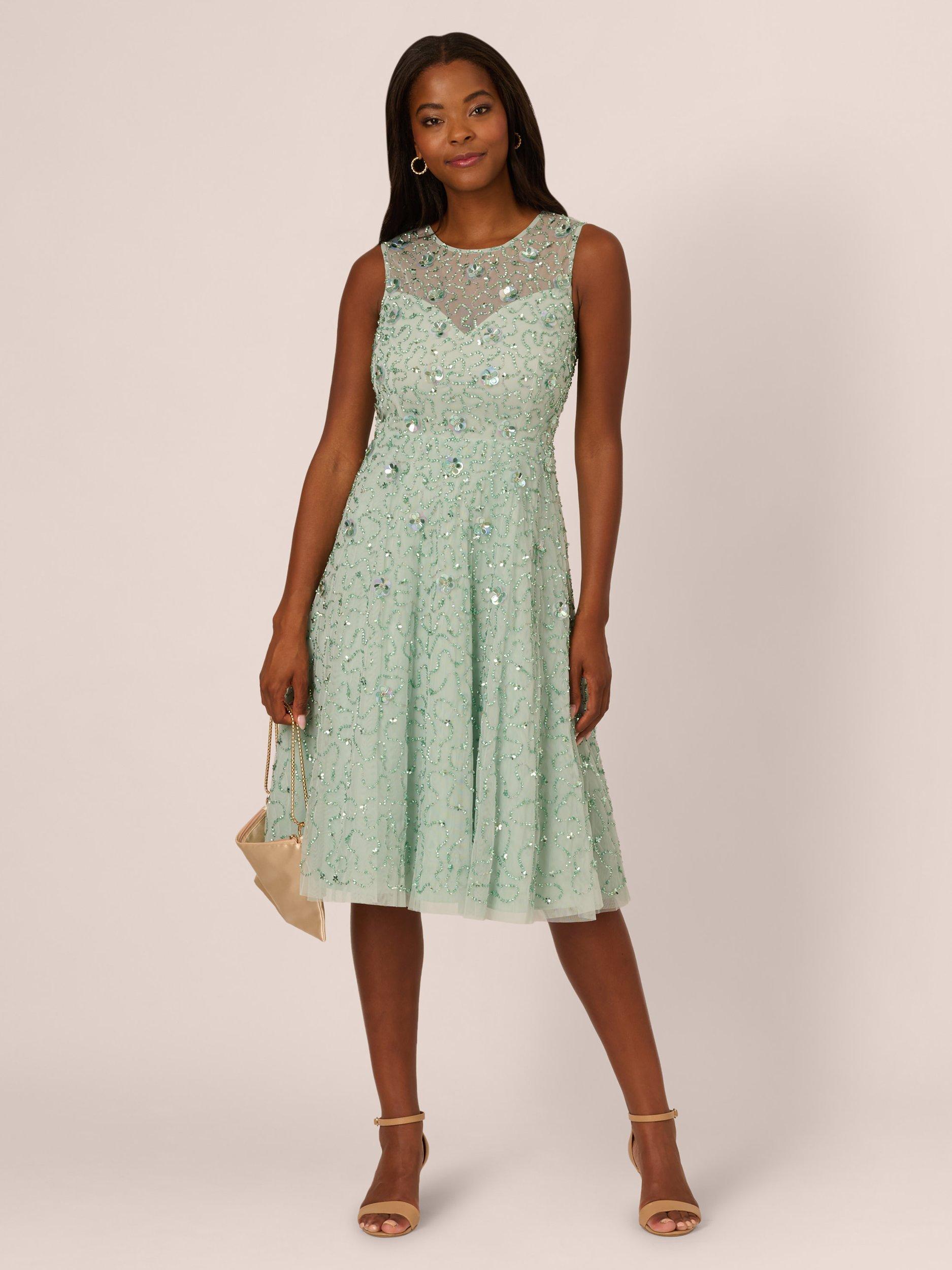 Product image 3 of 7, which shows Adrianna Papell Illusion Beaded Mesh Dress, Icy Sage, 18