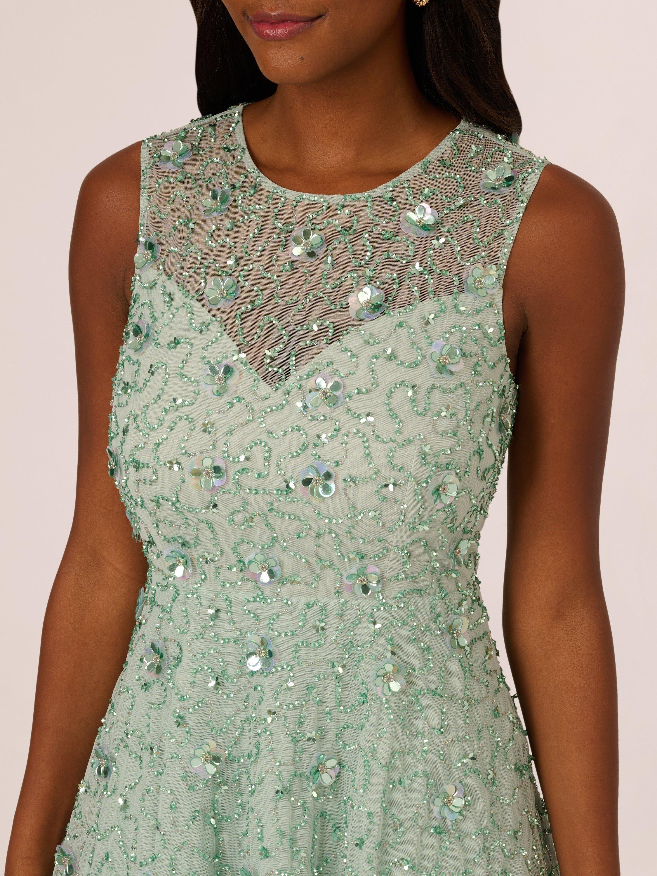 Product image 4 of 7, which shows Adrianna Papell Illusion Beaded Mesh Dress, Icy Sage, 18