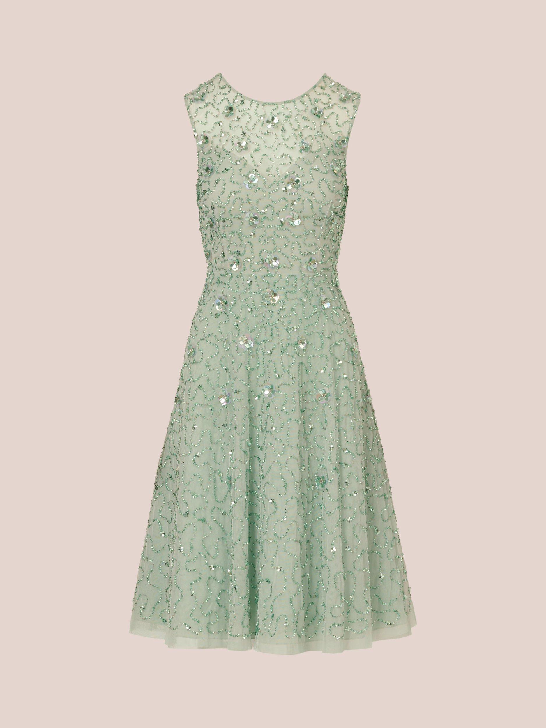 Product image 6 of 7, which shows Adrianna Papell Illusion Beaded Mesh Dress, Icy Sage, 18