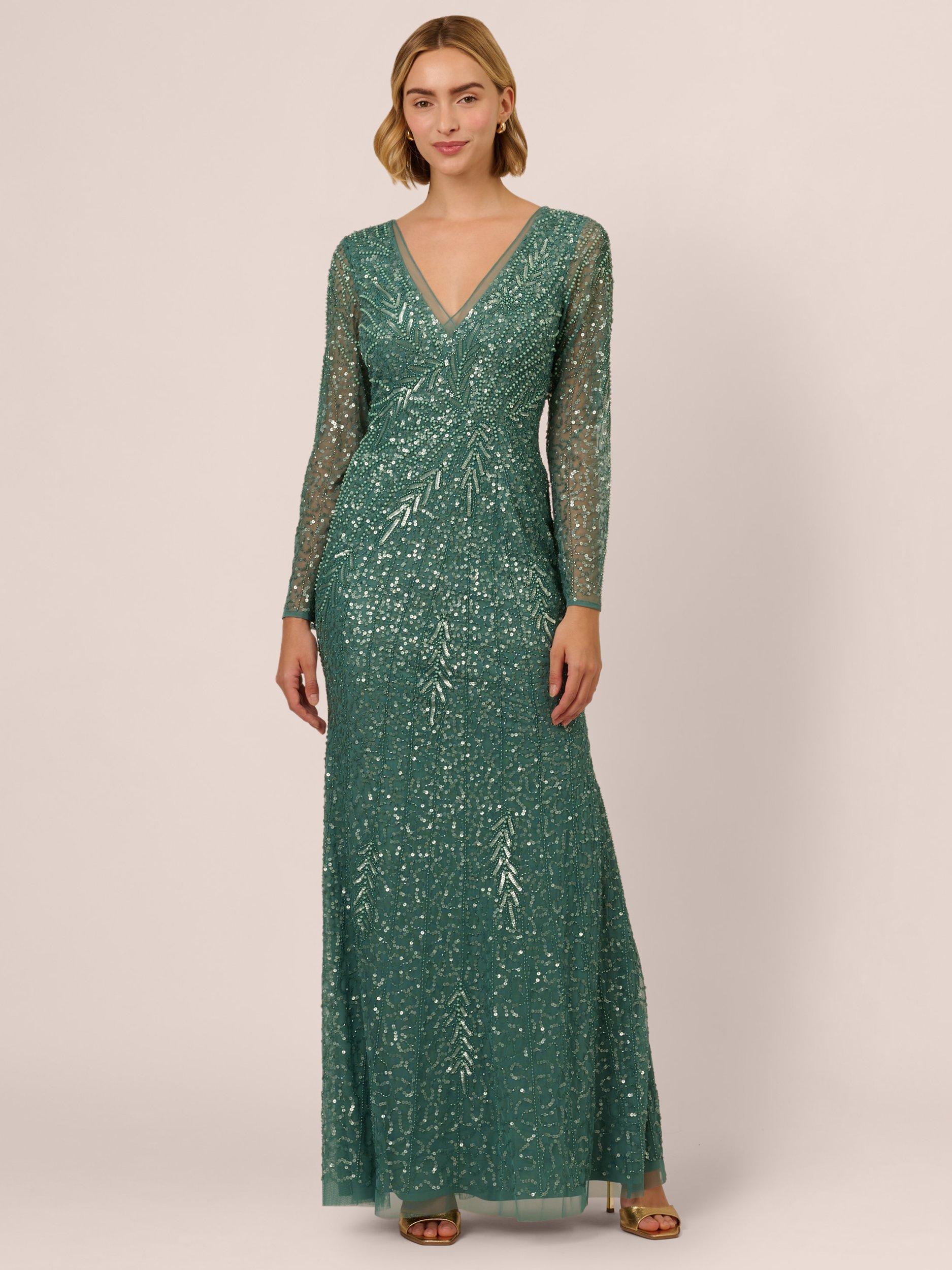 Adrianna Papell Long Sleeve Beaded Dress, Slate Green