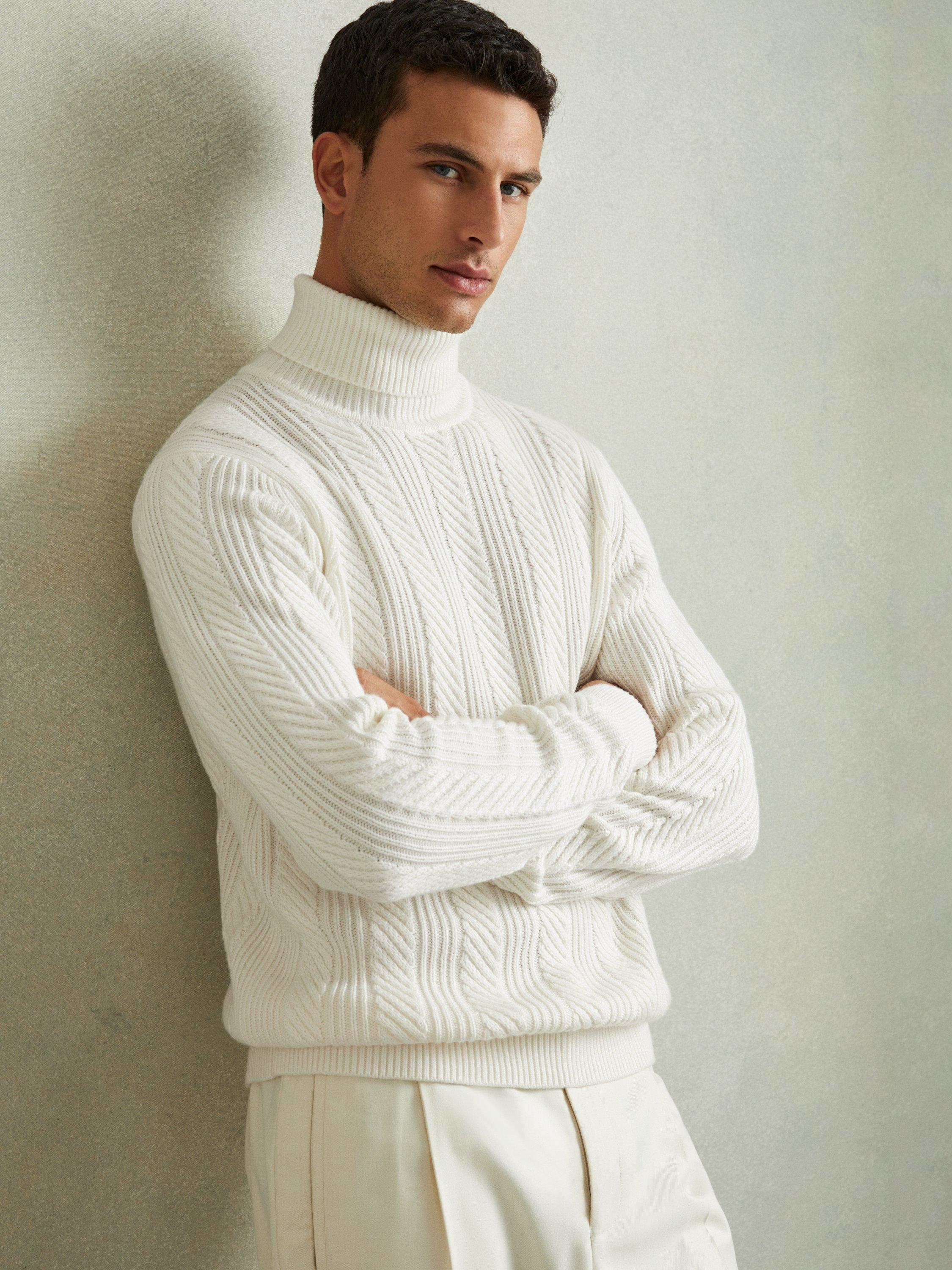 Reiss Flick Wool Blend Cabled Roll Neck Jumper, White