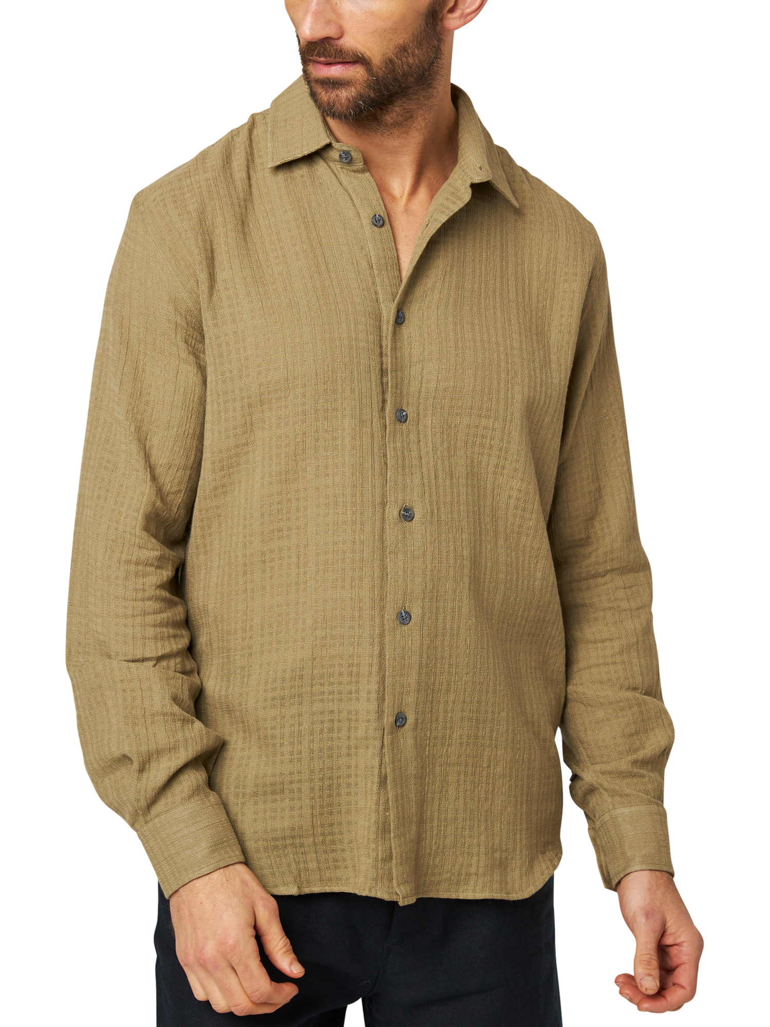 Product image 1 of 6, which shows Peregrine Resort Cotton Textured Weave Shirt, Moss, S