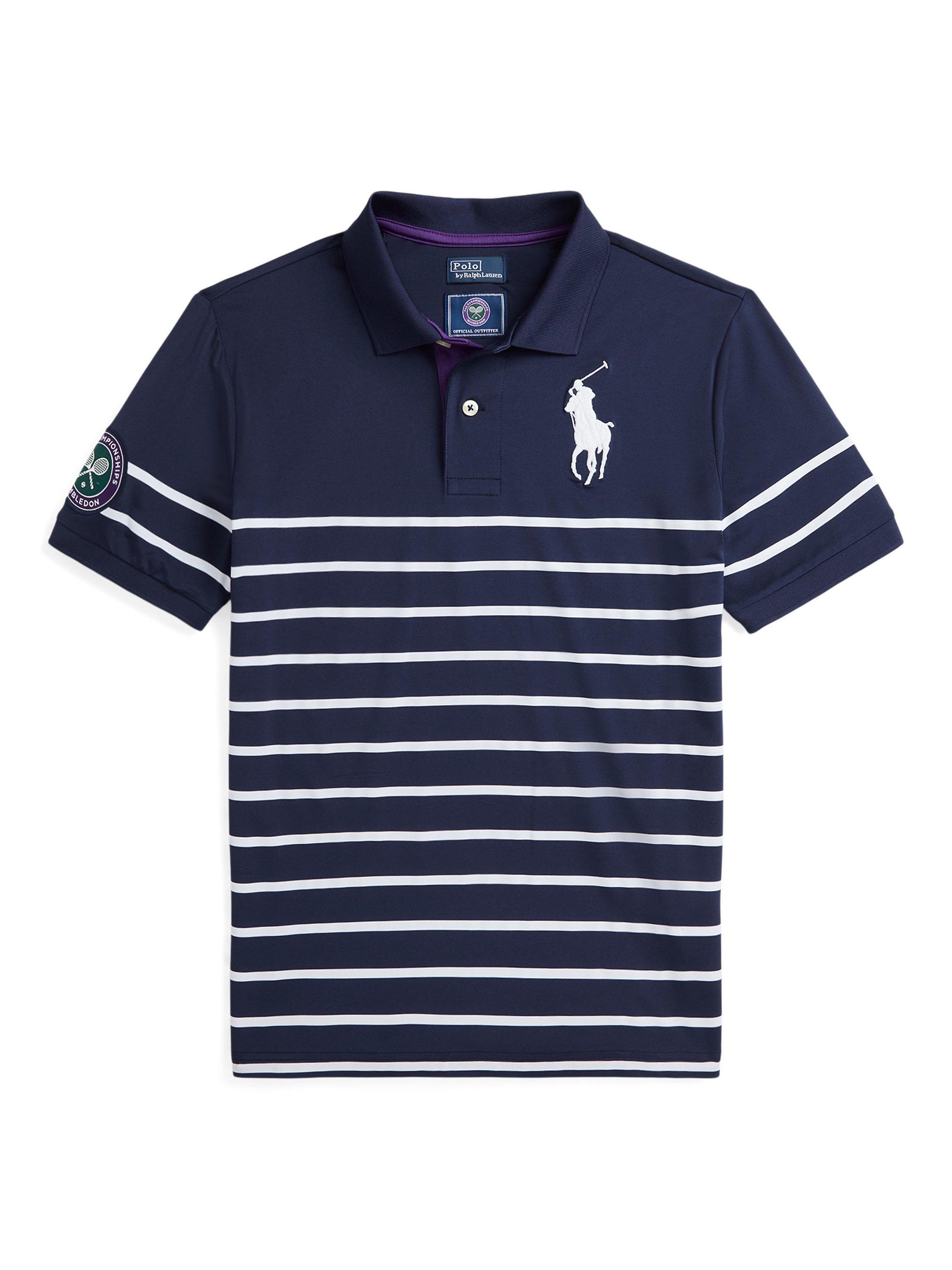 Product image 1 of 2, which shows Polo Ralph Lauren Kids' Wimbledon Ballperson Stripe Polo Shirt, Navy/White, S
